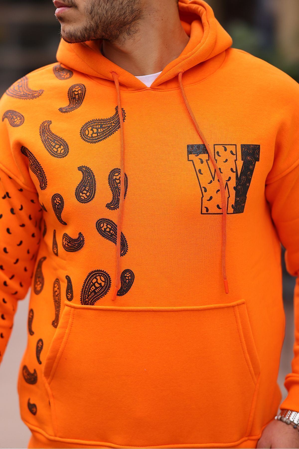 Kol Baskılı Kapüşonlu Sweatshirt