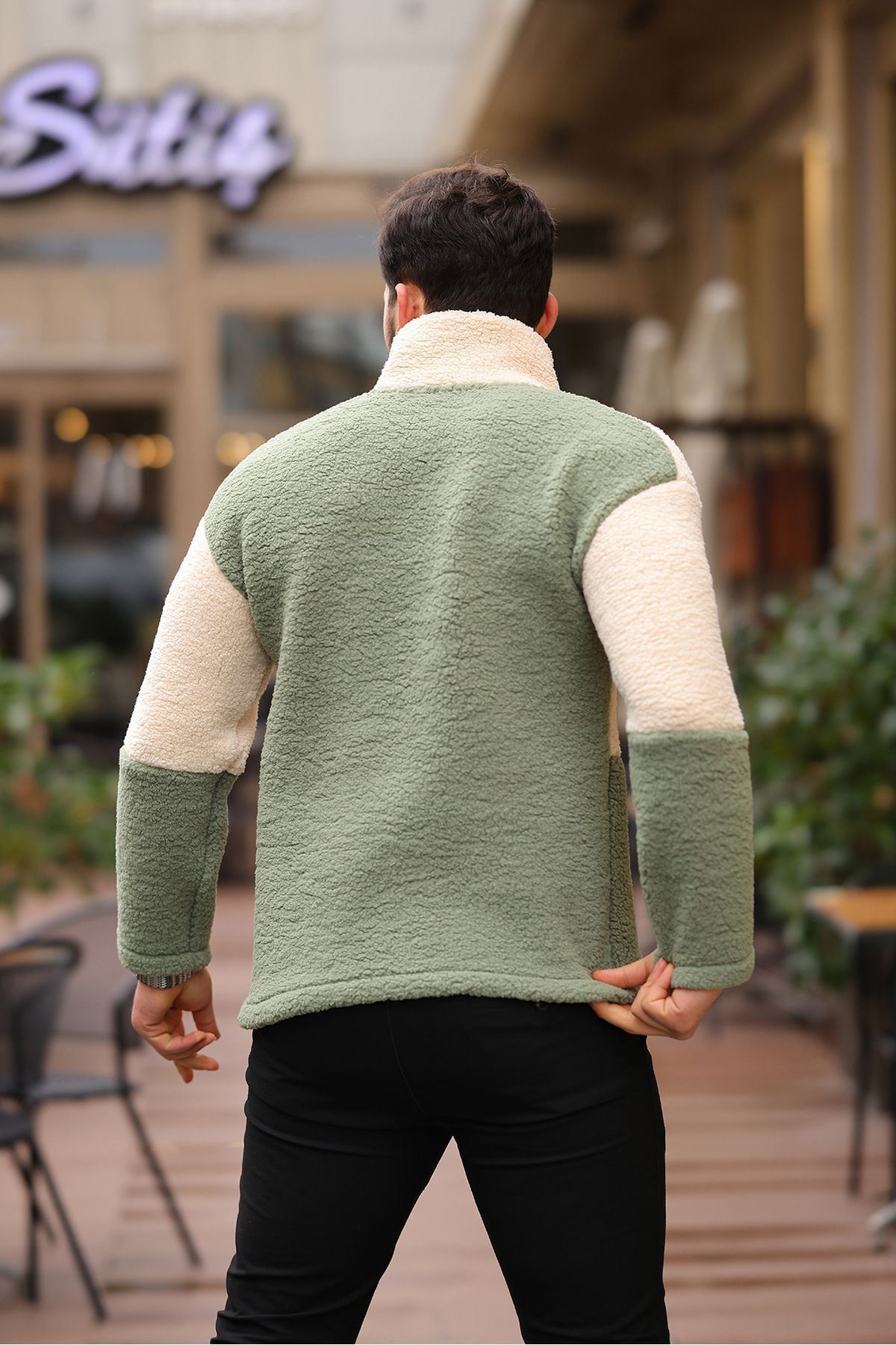 Yarım Fermuarlı Çift Renk Peluş Sweatshirt