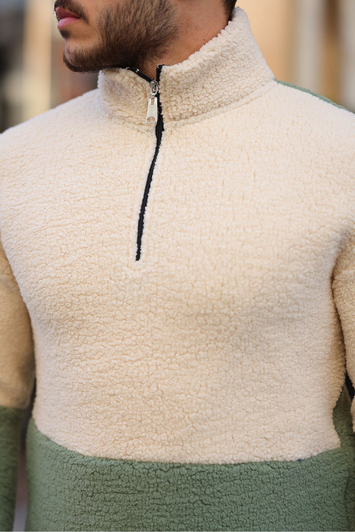 Yarım Fermuarlı Çift Renk Peluş Sweatshirt