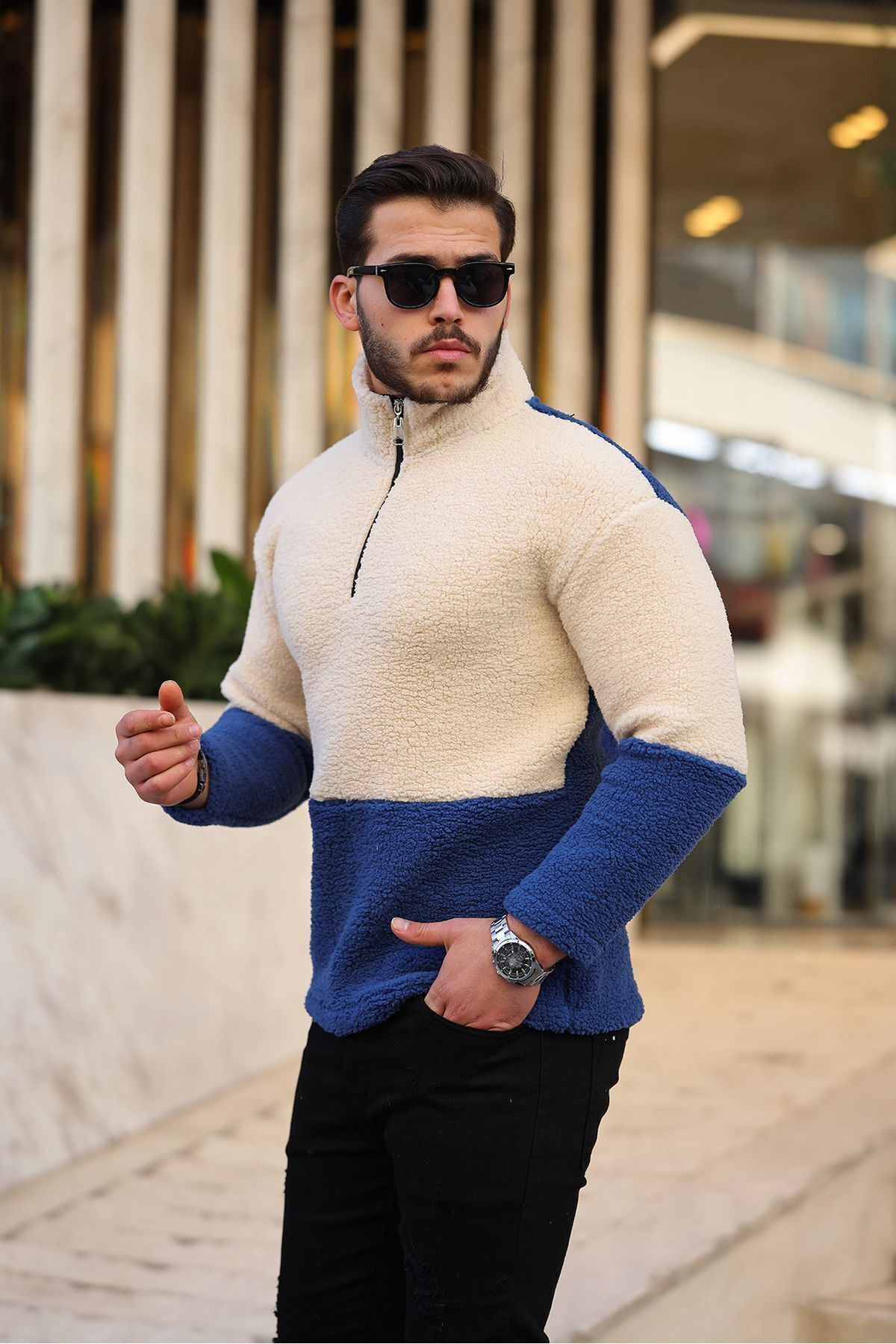 Yarım Fermuarlı Çift Renk Peluş Sweatshirt
