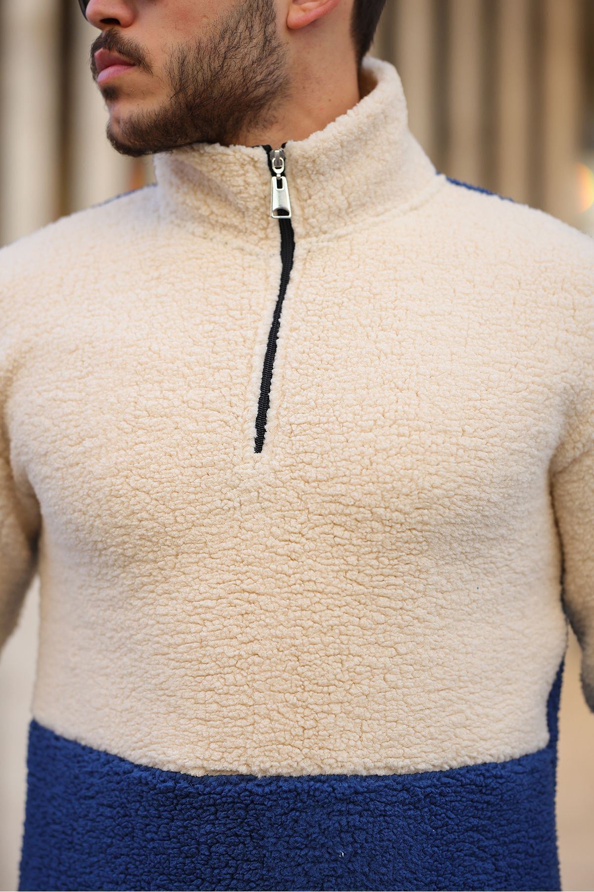 Yarım Fermuarlı Çift Renk Peluş Sweatshirt