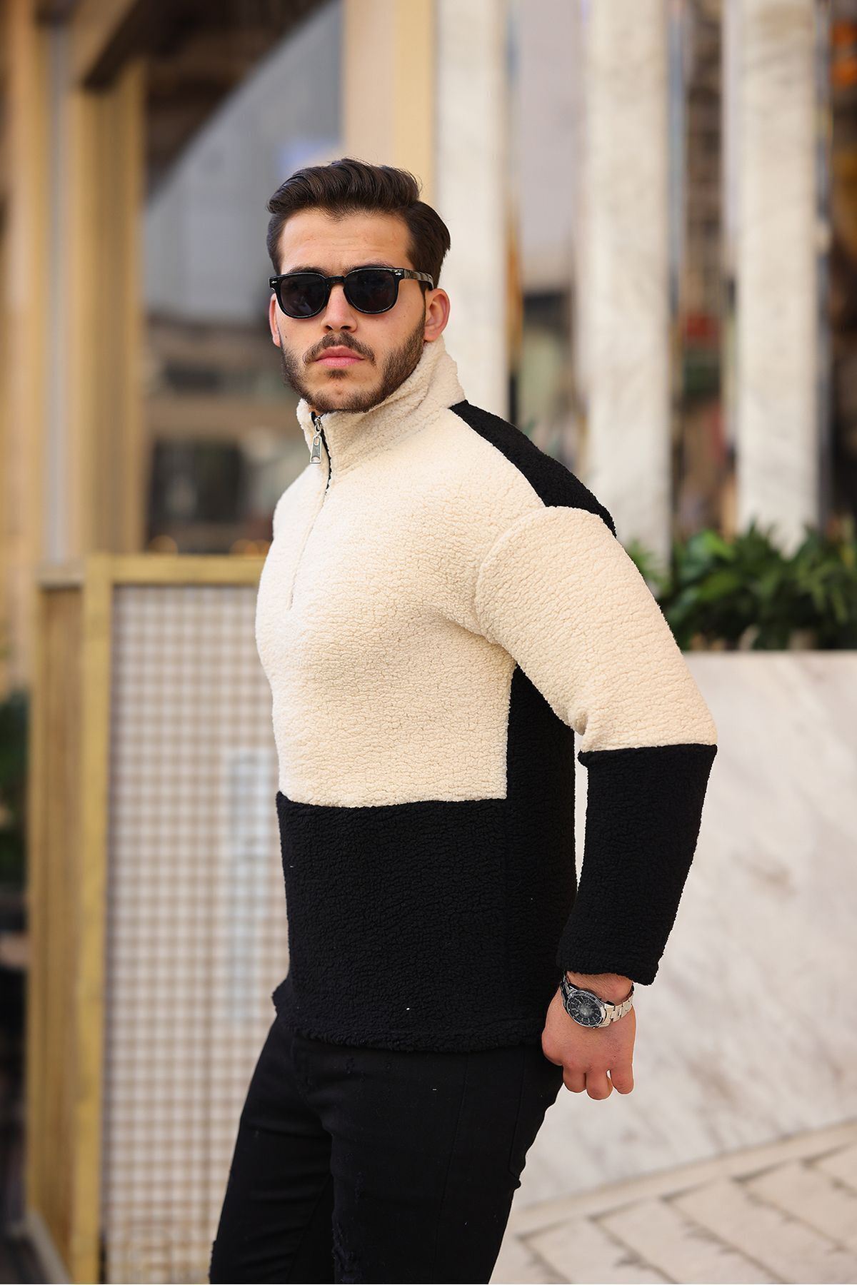Yarım Fermuarlı Çift Renk Peluş Sweatshirt