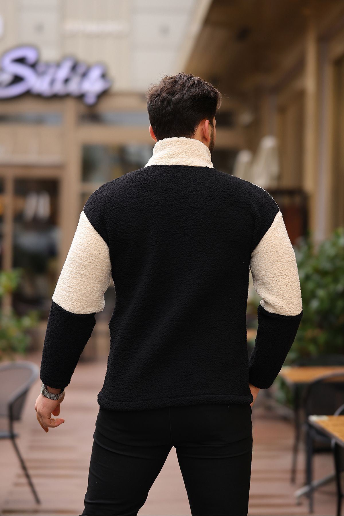 Yarım Fermuarlı Çift Renk Peluş Sweatshirt