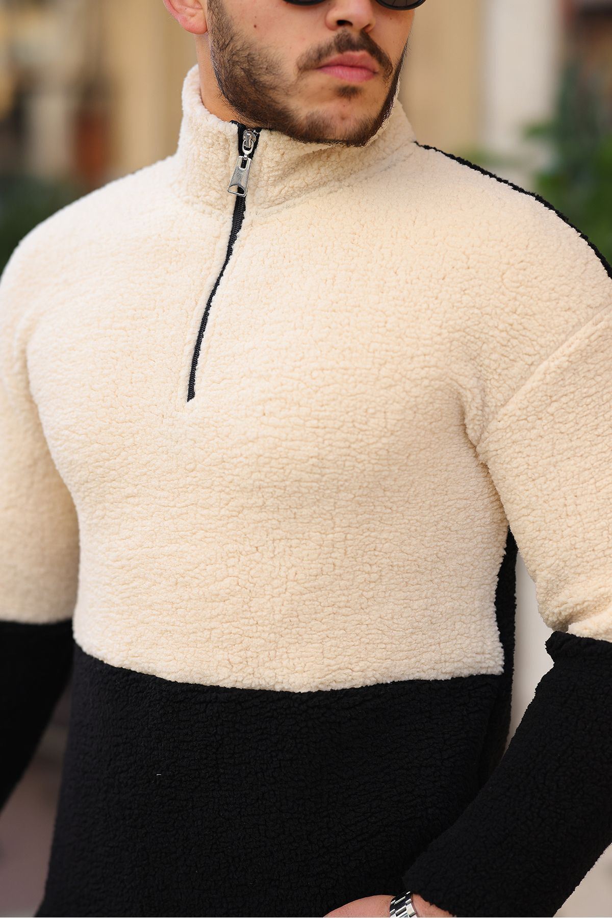 Yarım Fermuarlı Çift Renk Peluş Sweatshirt