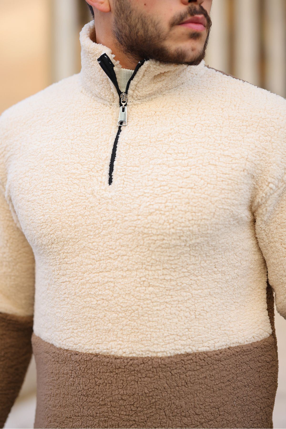 Yarım Fermuarlı Çift Renk Peluş Sweatshirt