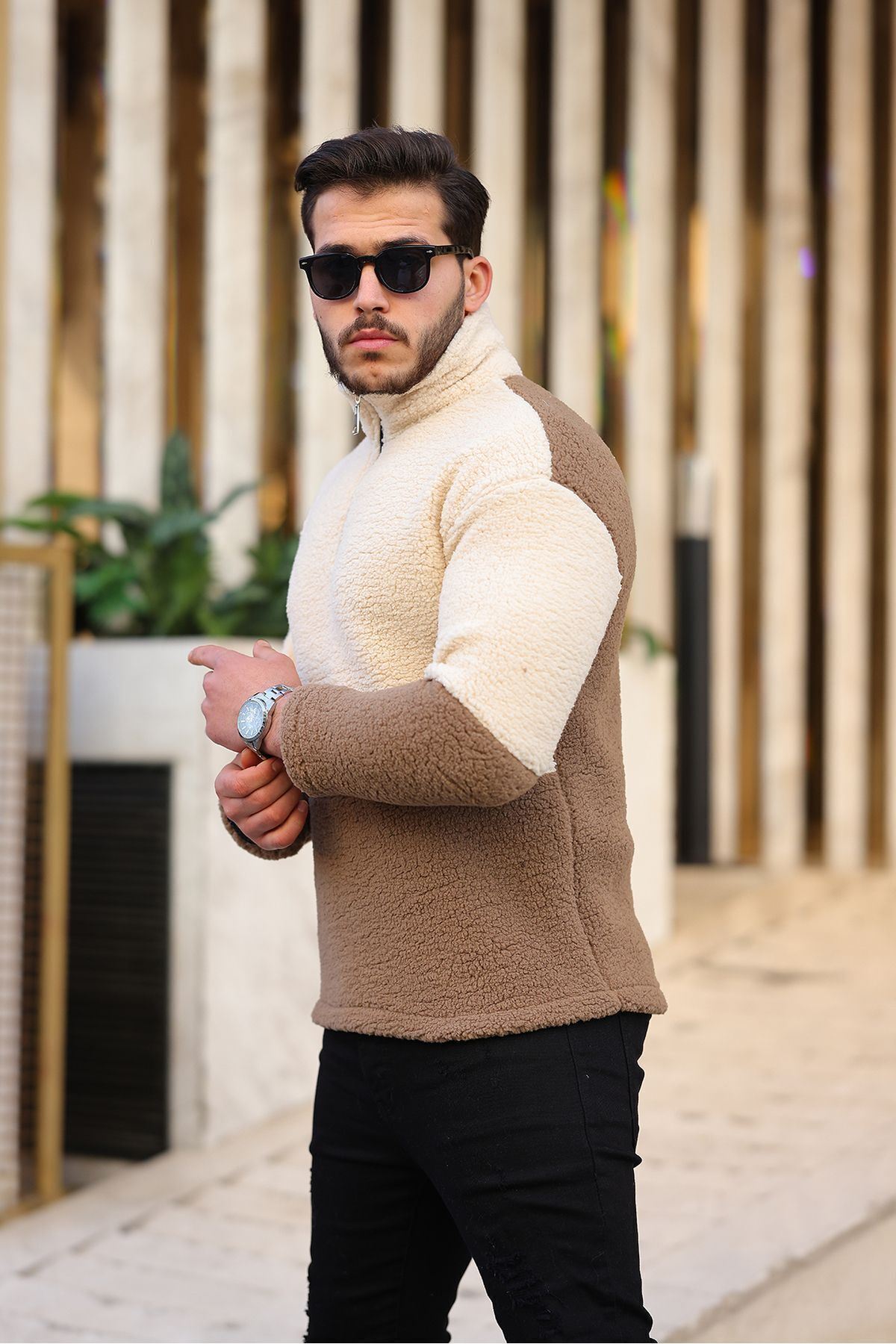 Yarım Fermuarlı Çift Renk Peluş Sweatshirt