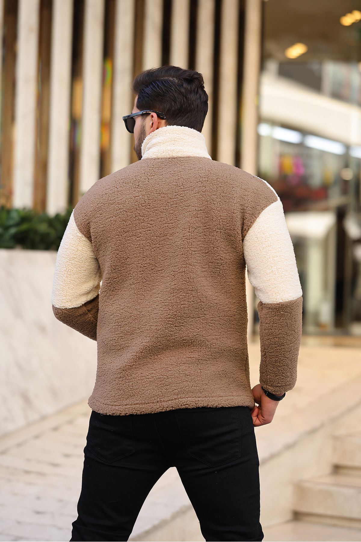 Yarım Fermuarlı Çift Renk Peluş Sweatshirt