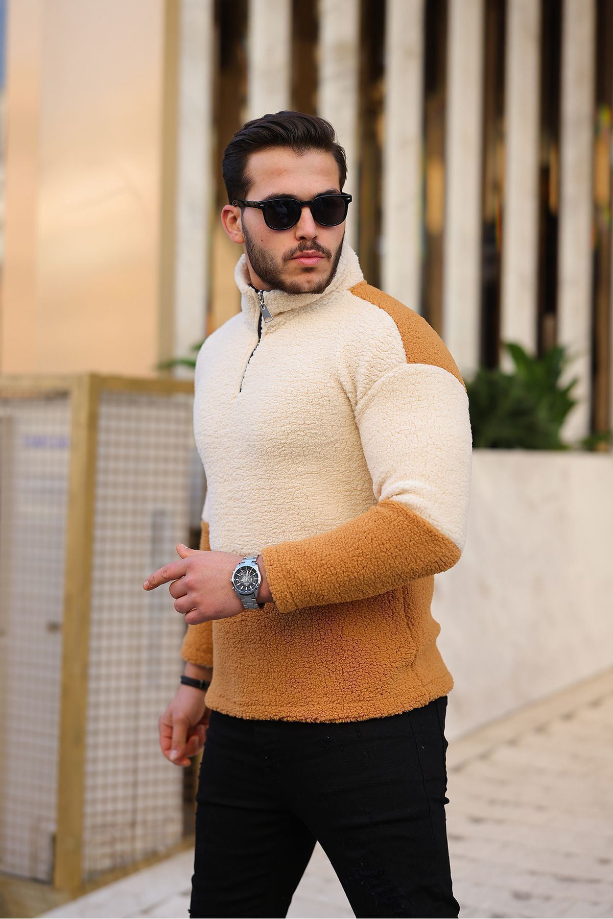 Yarım Fermuarlı Çift Renk Peluş Sweatshirt