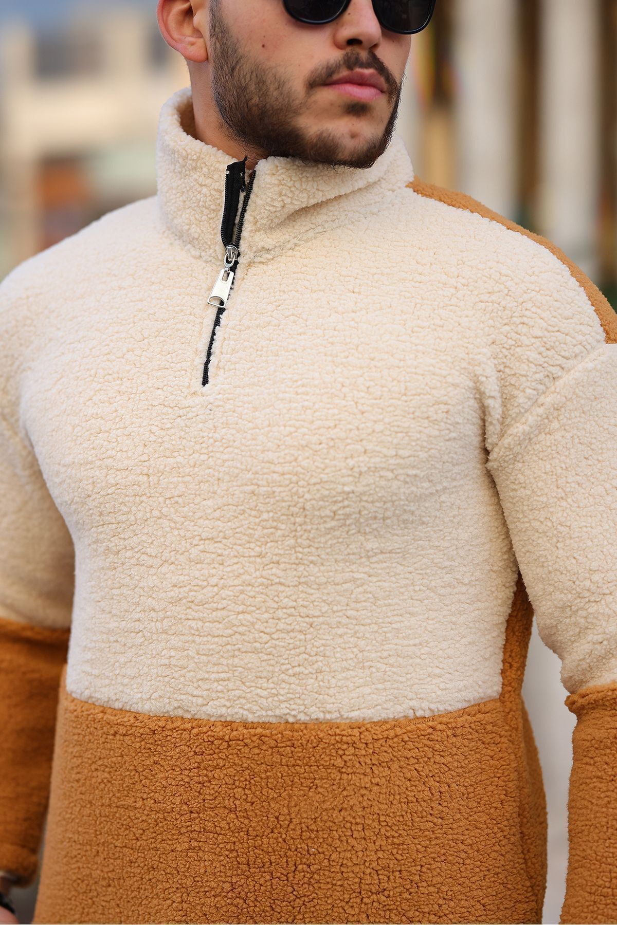 Yarım Fermuarlı Çift Renk Peluş Sweatshirt