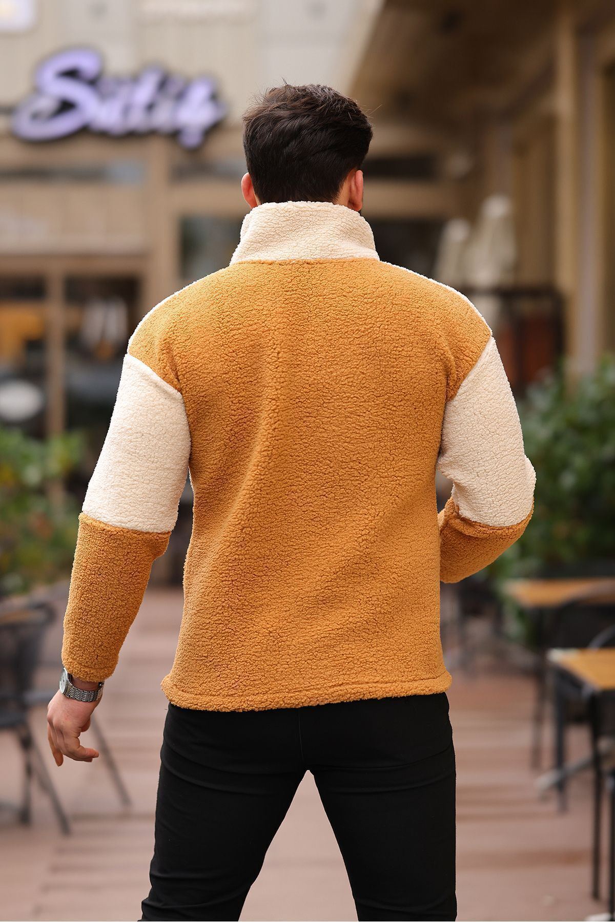 Yarım Fermuarlı Çift Renk Peluş Sweatshirt