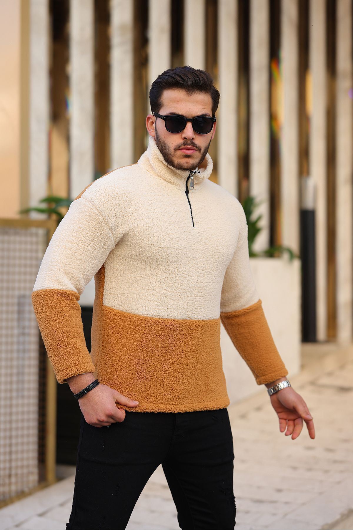 Yarım Fermuarlı Çift Renk Peluş Sweatshirt