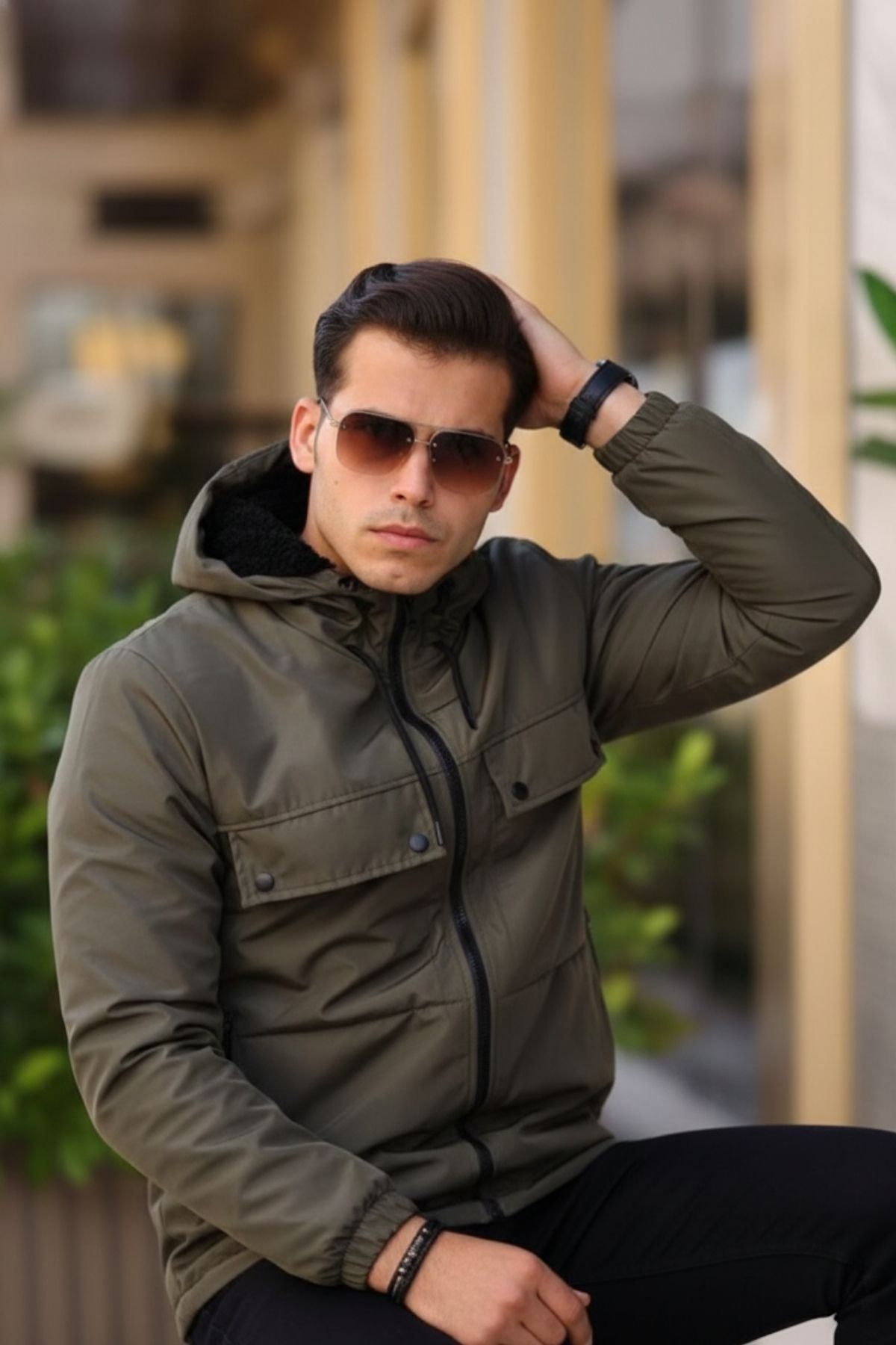 Suya Dayanıklı Körük Cep Kapüşonlu Cepli Yağmurluk Haki