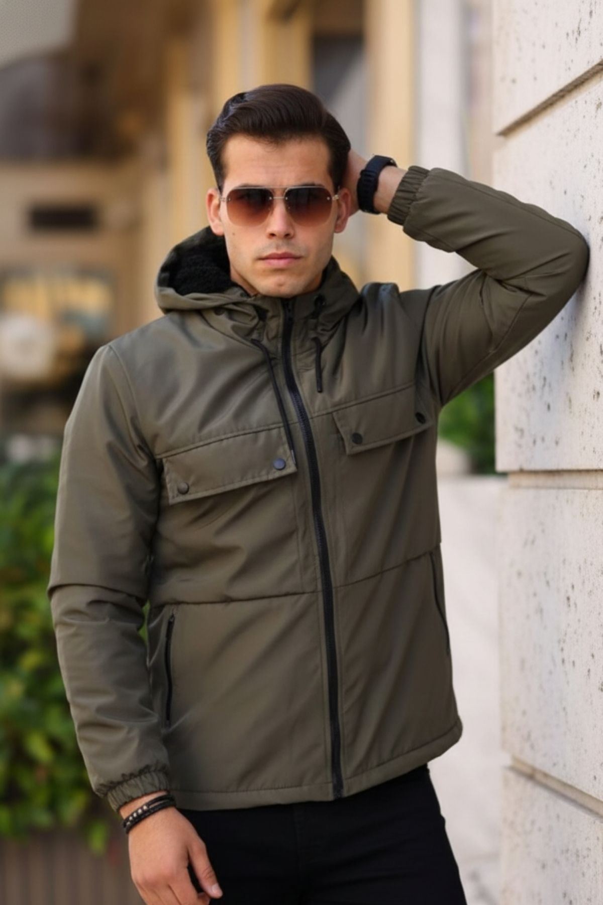 Suya Dayanıklı Körük Cep Kapüşonlu Cepli Yağmurluk Haki