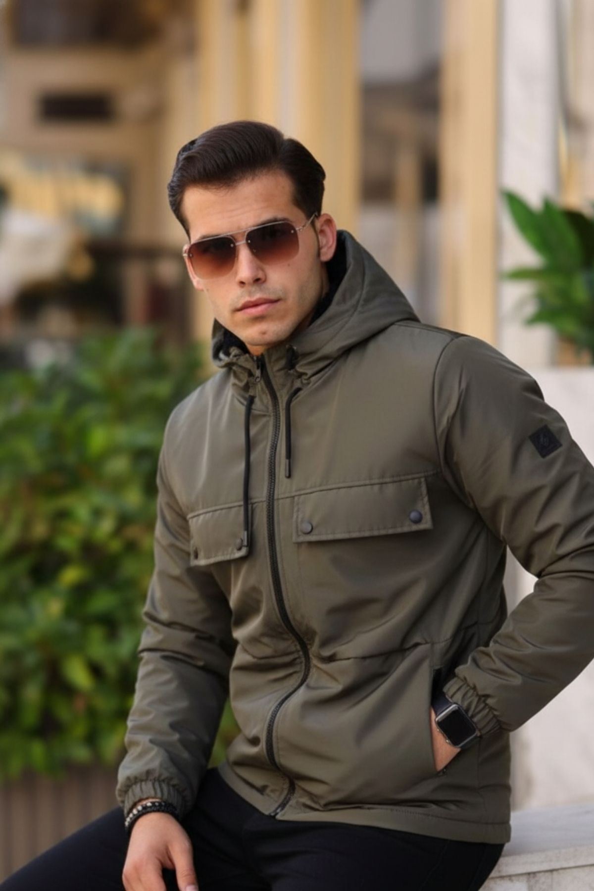 Suya Dayanıklı Körük Cep Kapüşonlu Cepli Yağmurluk Haki