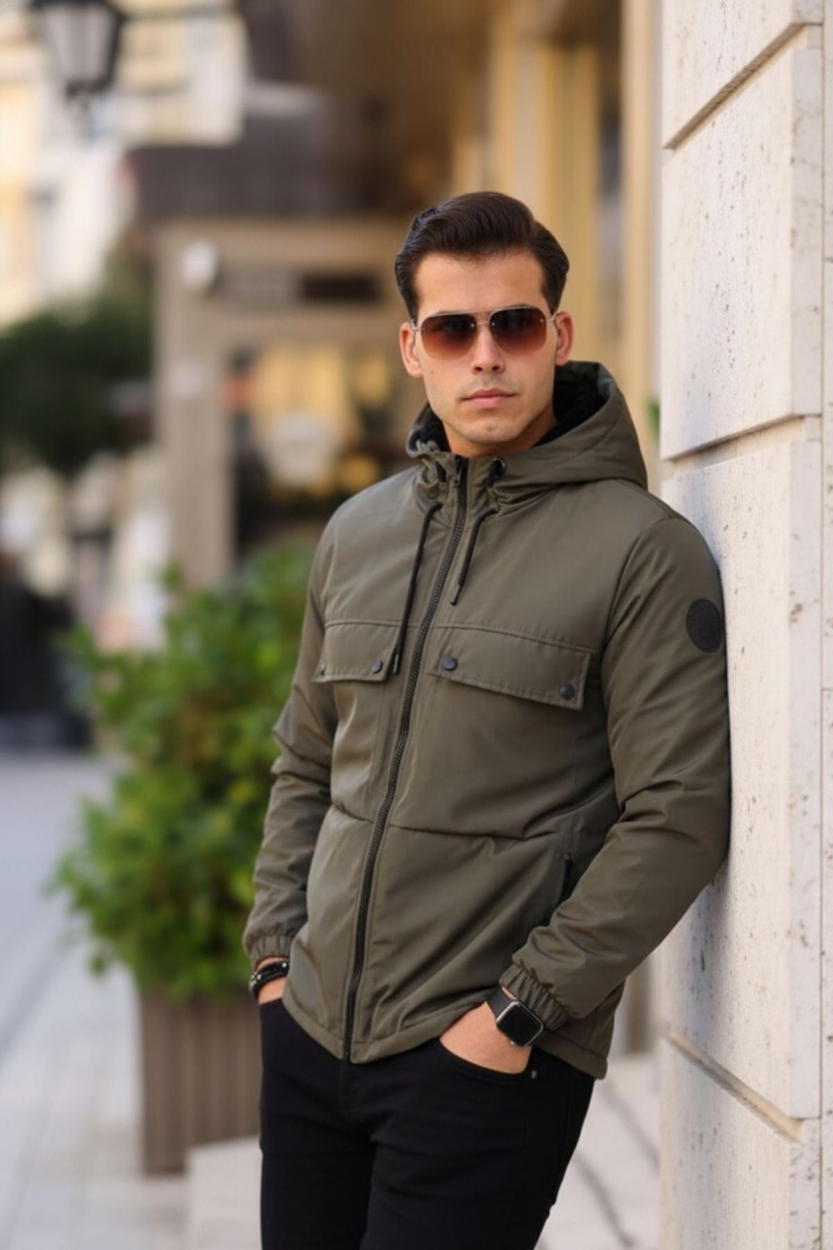 Suya Dayanıklı Körük Cep Kapüşonlu Cepli Yağmurluk Haki