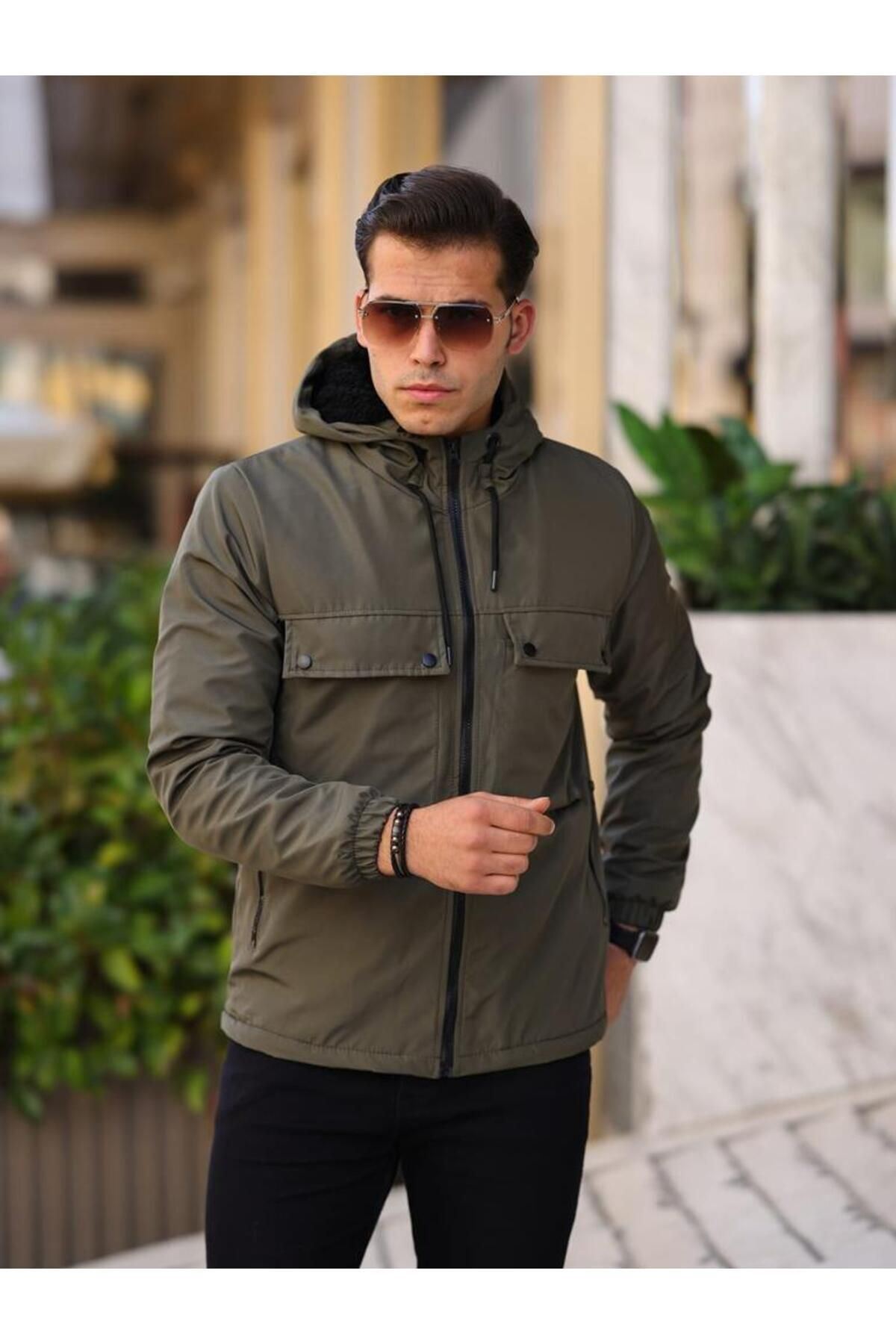 Suya Dayanıklı Körük Cep Kapüşonlu Cepli Yağmurluk Haki