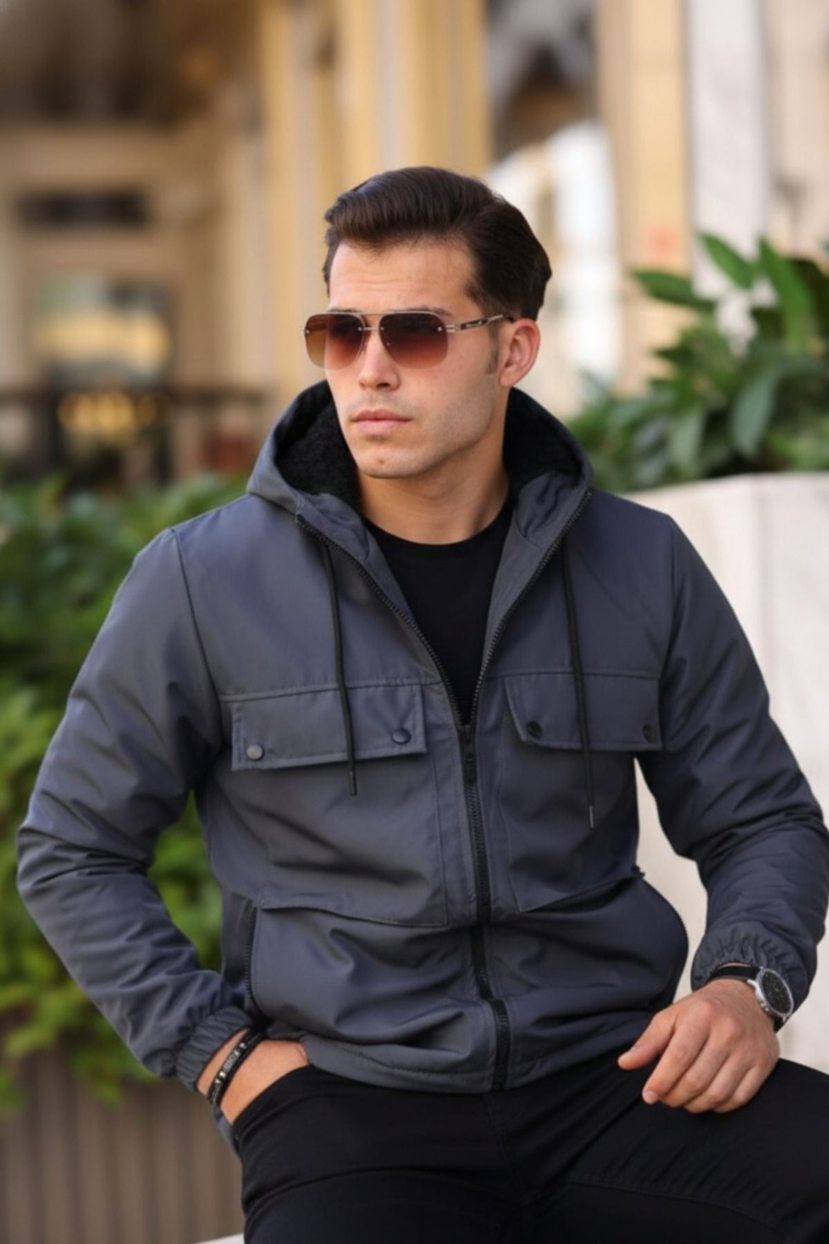 Erkek Içi Kürklü Suya Dayanıklı Körük Cep Kapüşonlu Cepli Yağmurluk