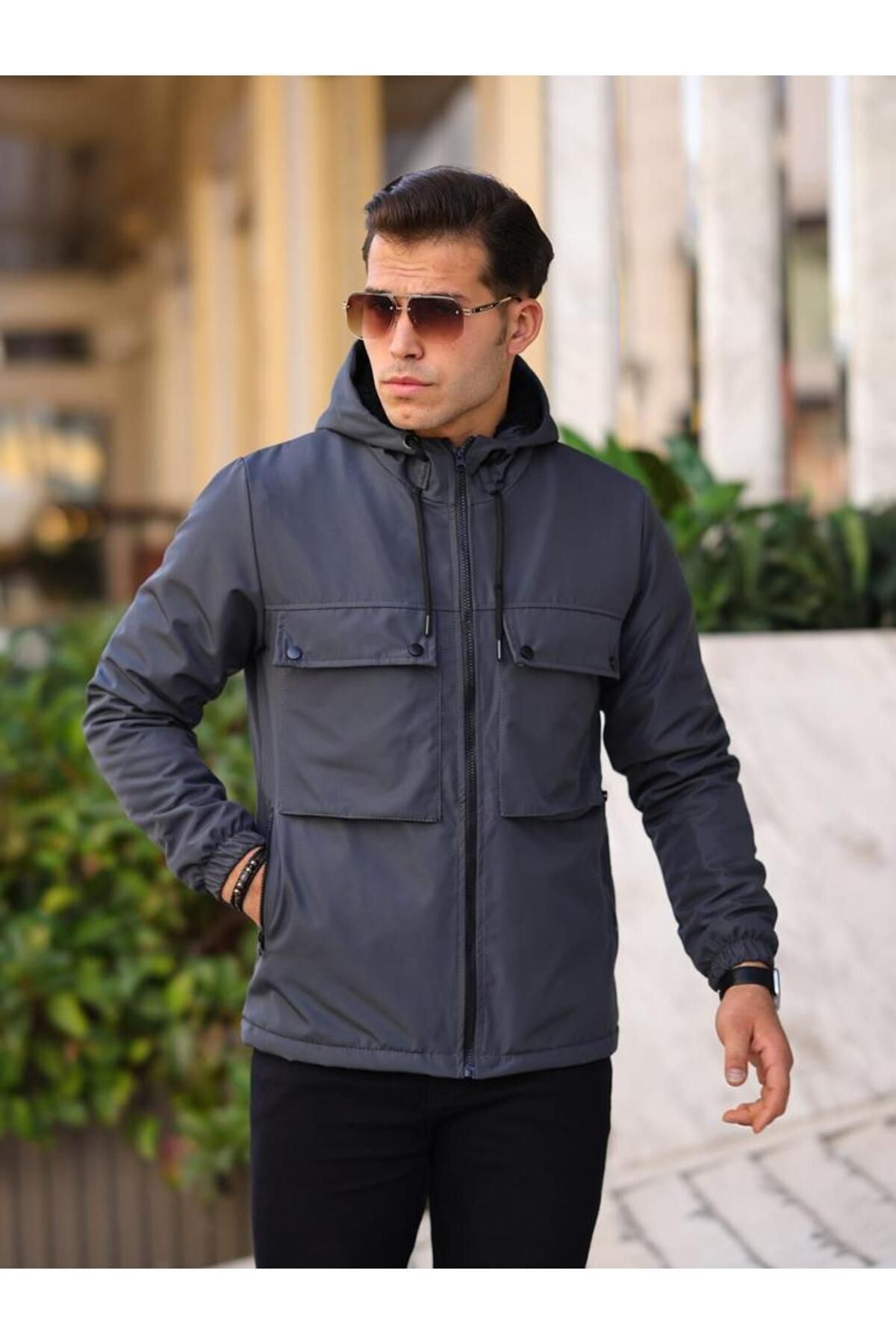 Erkek Içi Kürklü Suya Dayanıklı Körük Cep Kapüşonlu Cepli Yağmurluk