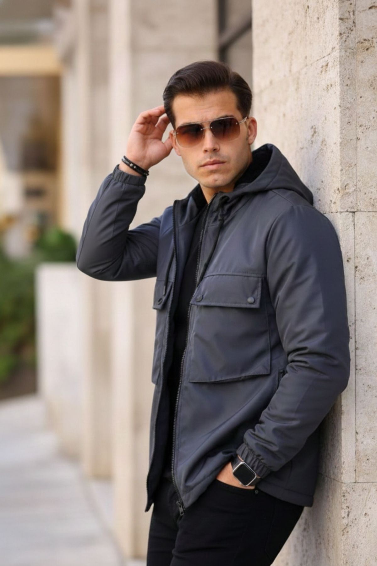 Erkek Içi Kürklü Suya Dayanıklı Körük Cep Kapüşonlu Cepli Yağmurluk