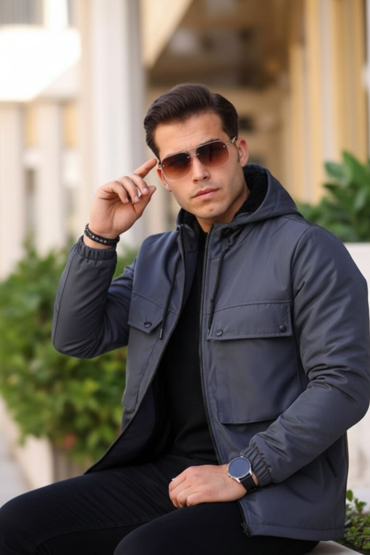 Erkek Içi Kürklü Suya Dayanıklı Körük Cep Kapüşonlu Cepli Yağmurluk