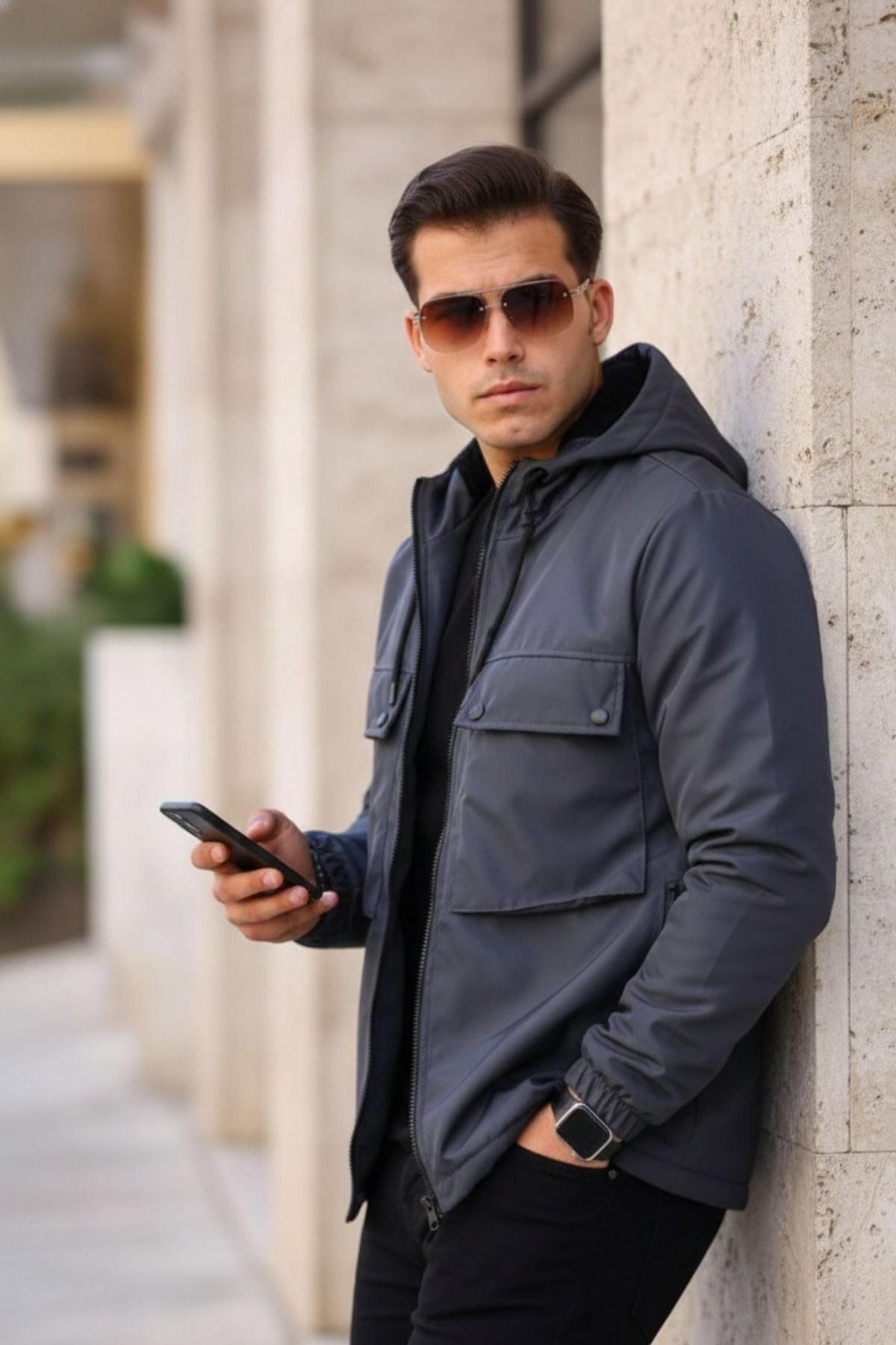 Erkek Içi Kürklü Suya Dayanıklı Körük Cep Kapüşonlu Cepli Yağmurluk