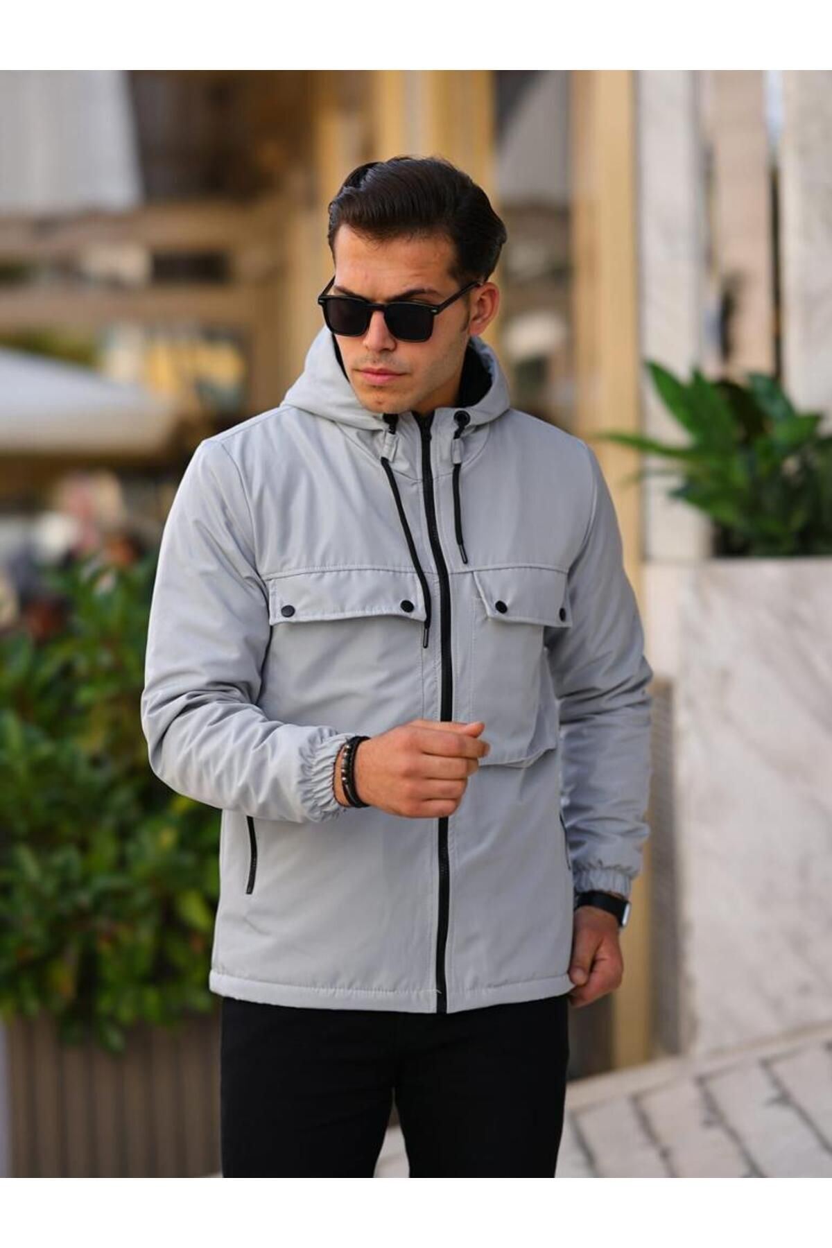Erkek Içi Kürklü Suya Dayanıklı Körük Cep Kapüşonlu Cepli Yağmurluk