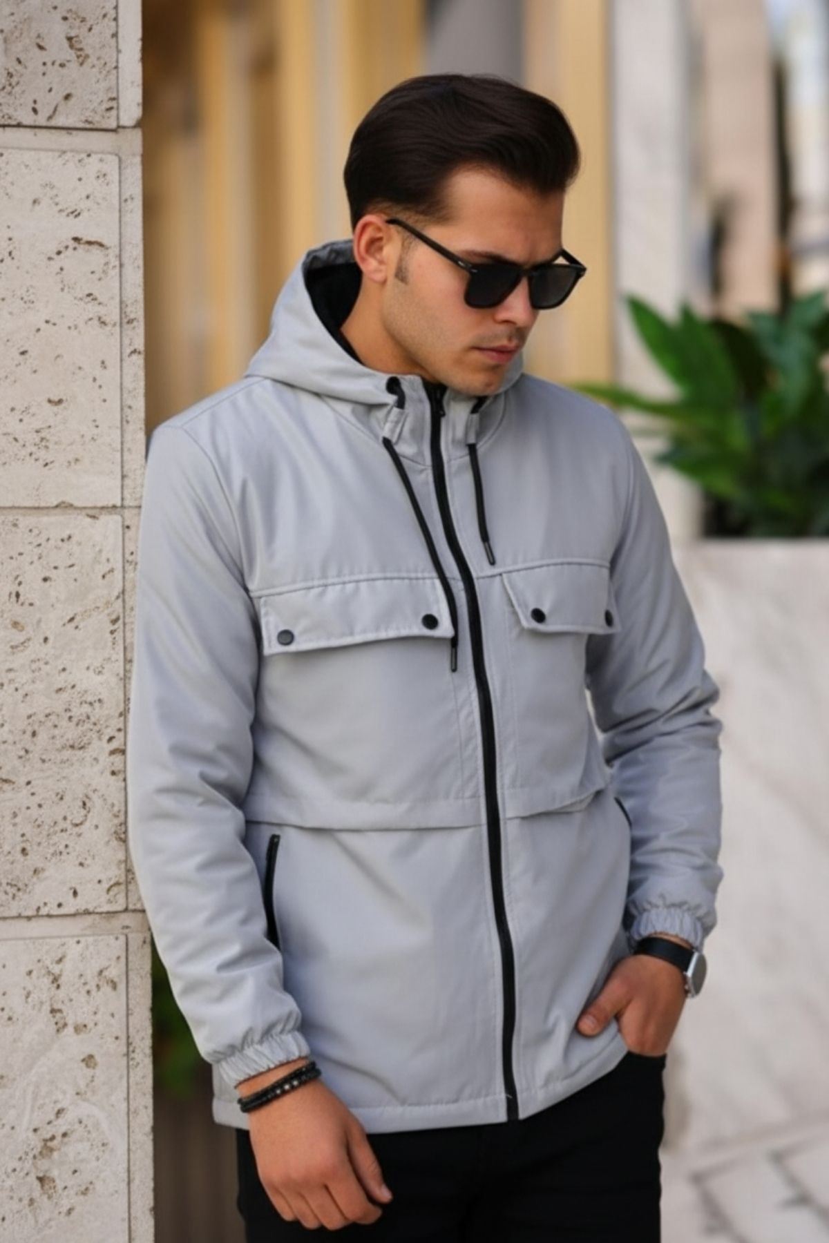 Erkek Içi Kürklü Suya Dayanıklı Körük Cep Kapüşonlu Cepli Yağmurluk