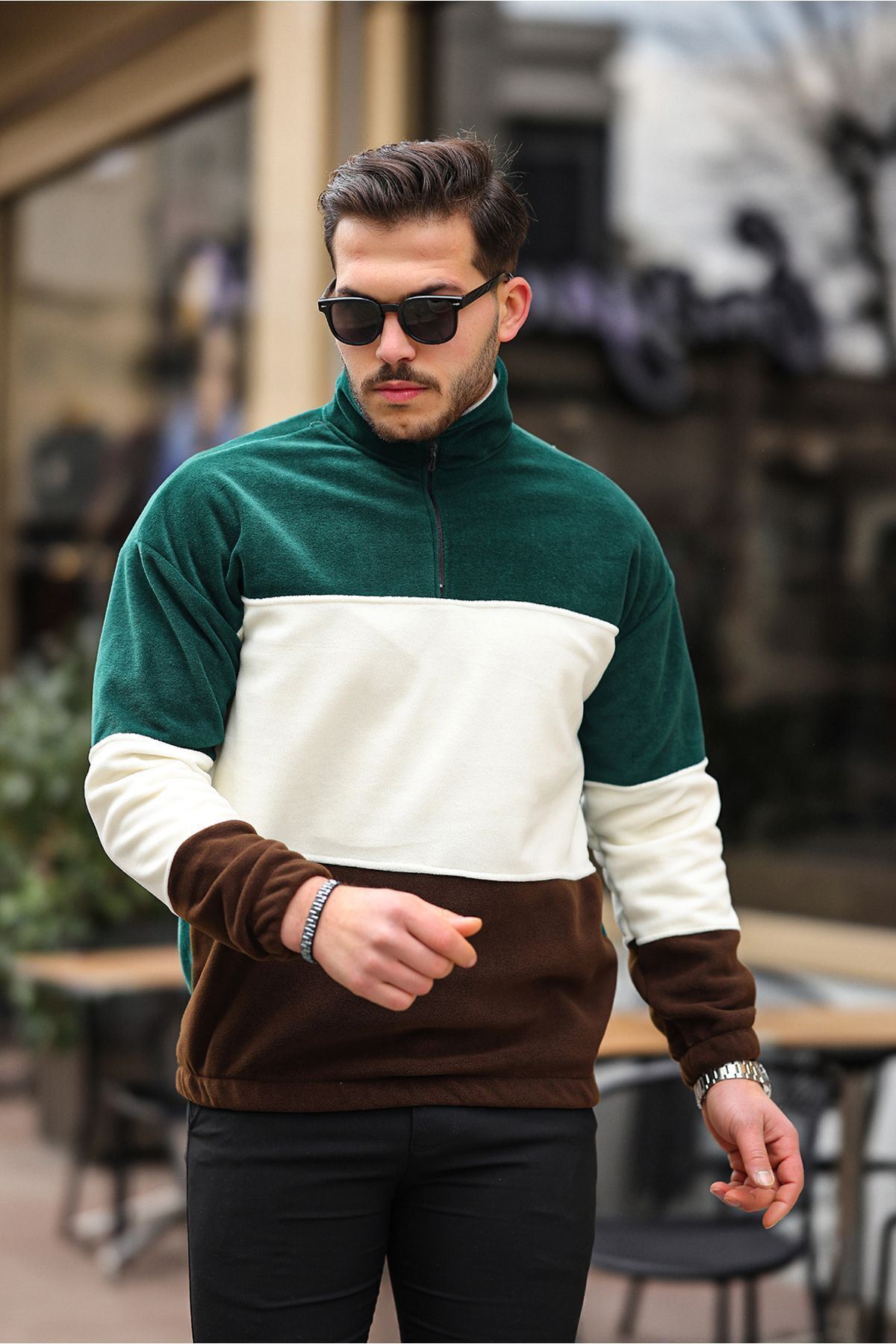 Yarım Fermuarlı Üç Renk Polar Sweatshirt