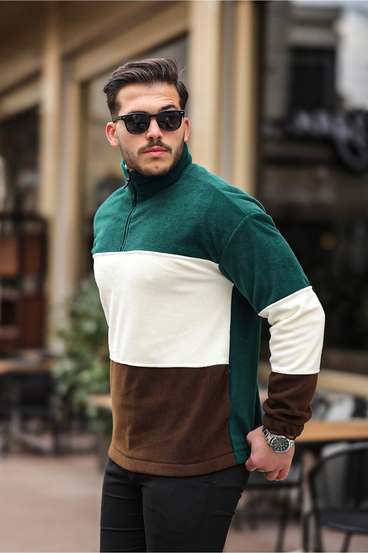 Yarım Fermuarlı Üç Renk Polar Sweatshirt