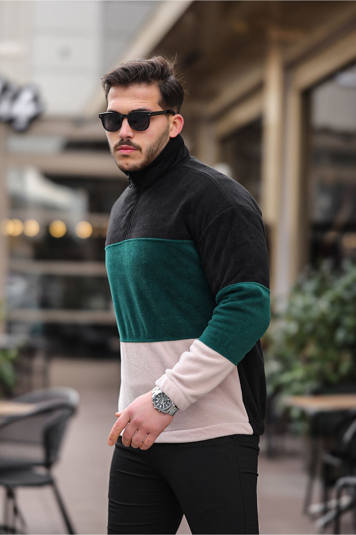 Yarım Fermuarlı Üç Renk Polar Sweatshirt