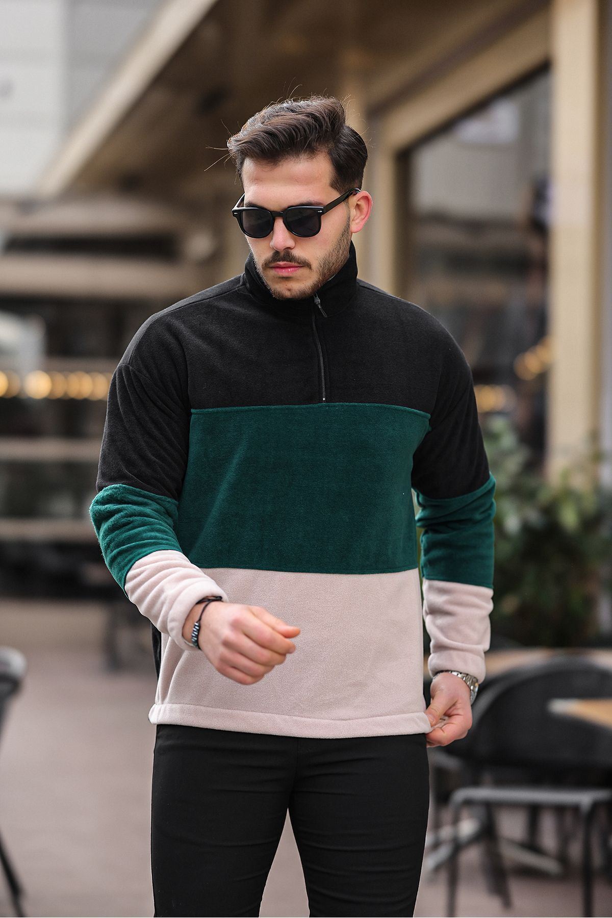Yarım Fermuarlı Üç Renk Polar Sweatshirt