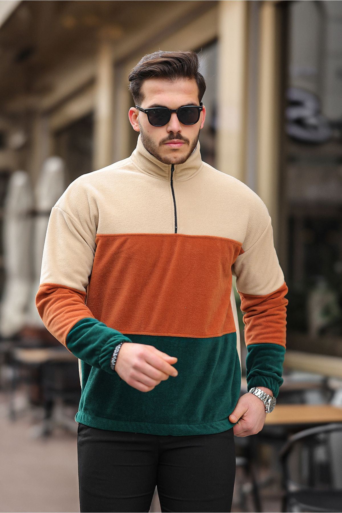 Yarım Fermuarlı Üç Renk Polar Sweatshirt