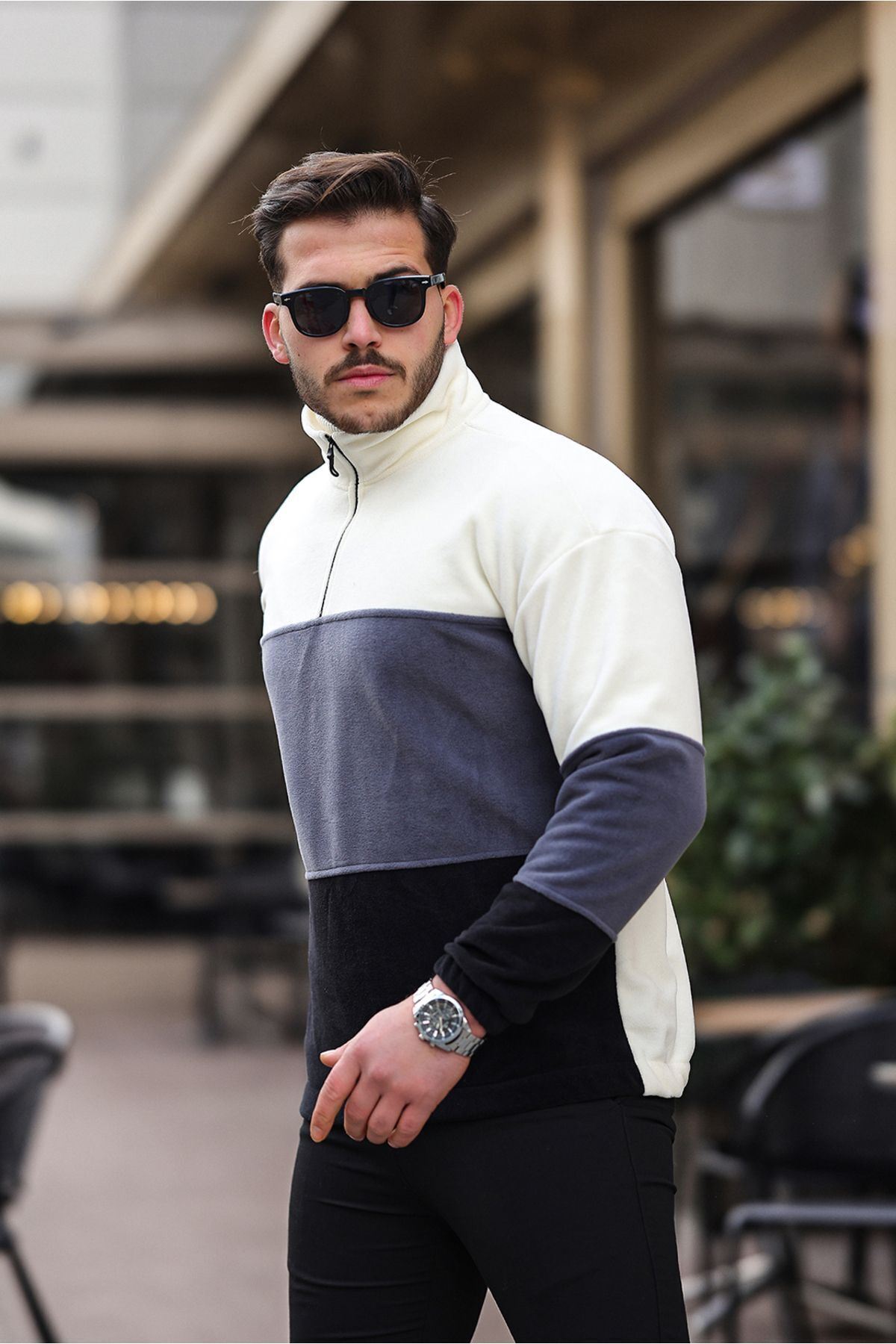 Yarım Fermuarlı Üç Renk Polar Sweatshirt