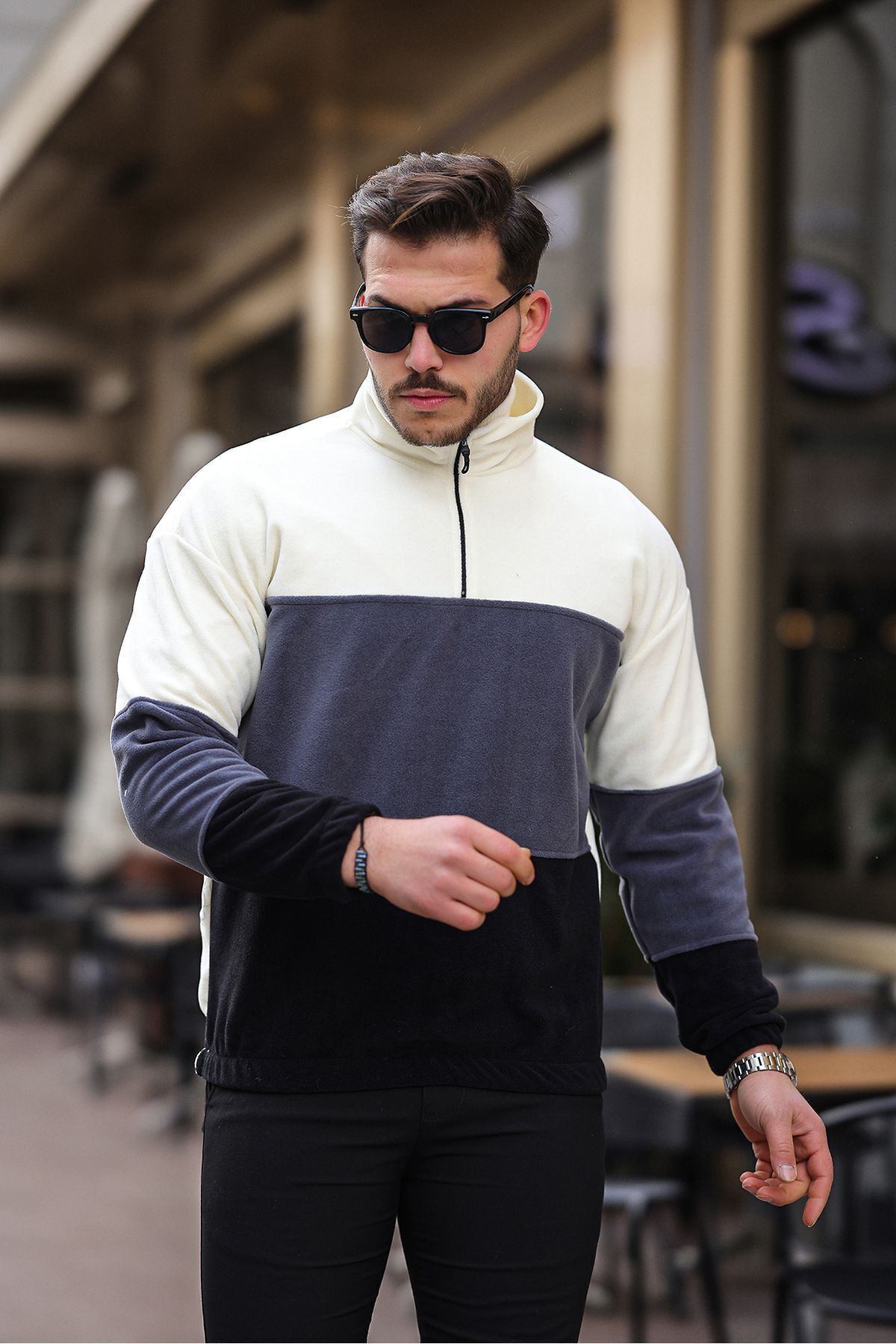 Yarım Fermuarlı Üç Renk Polar Sweatshirt