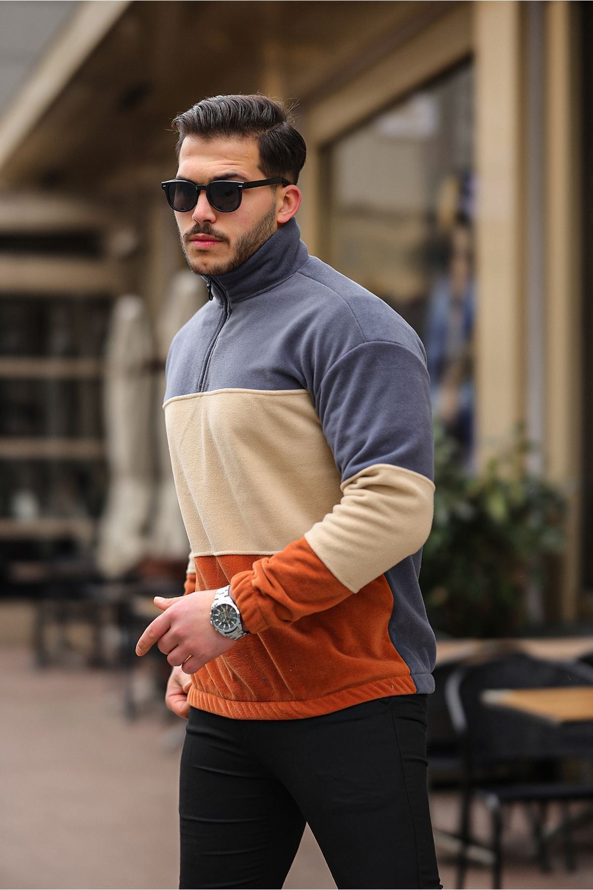 Yarım Fermuarlı Üç Renk Polar Sweatshirt