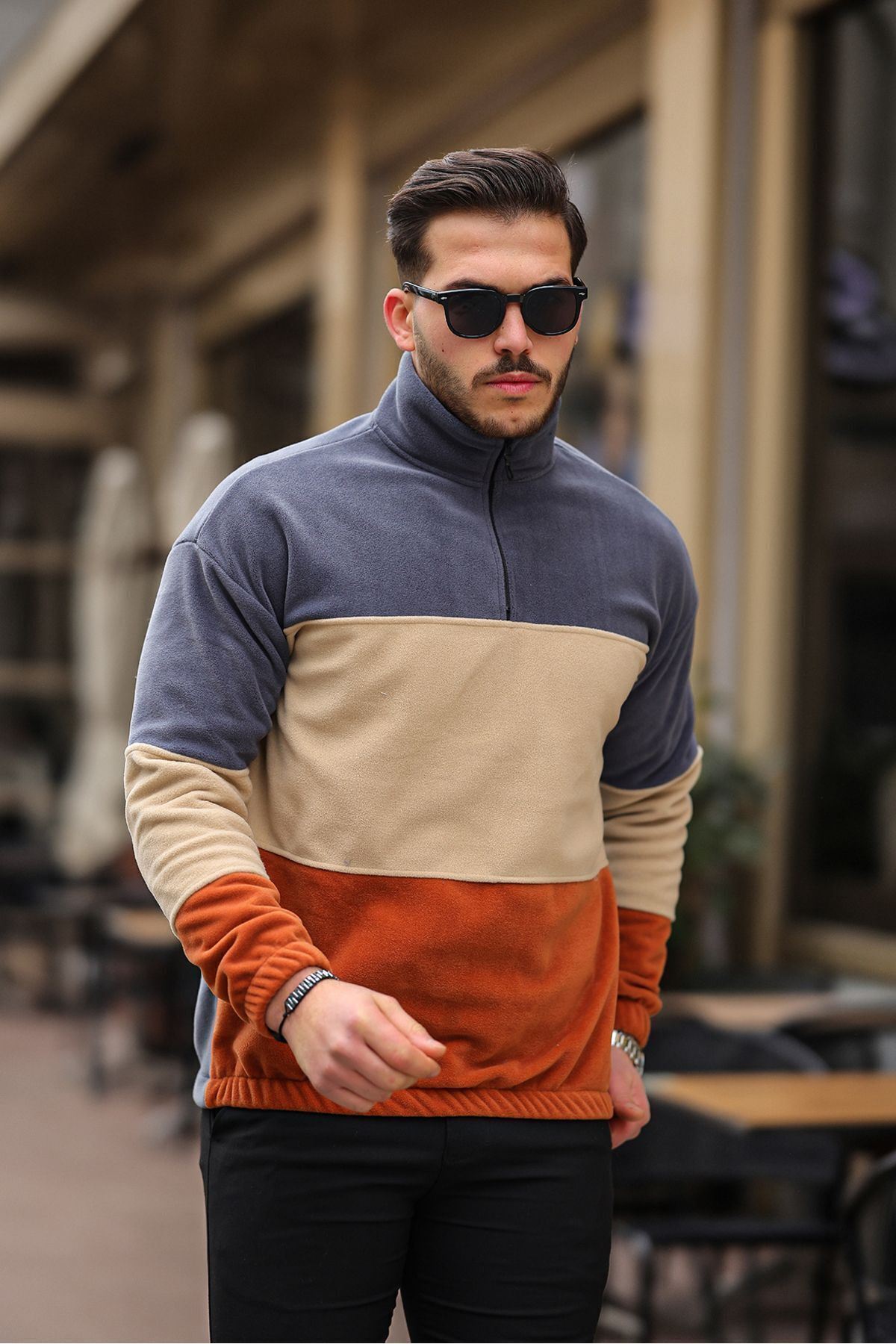 Yarım Fermuarlı Üç Renk Polar Sweatshirt