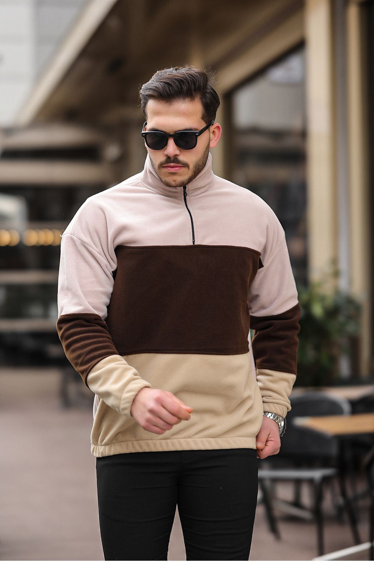 Yarım Fermuarlı Üç Renk Polar Sweatshirt