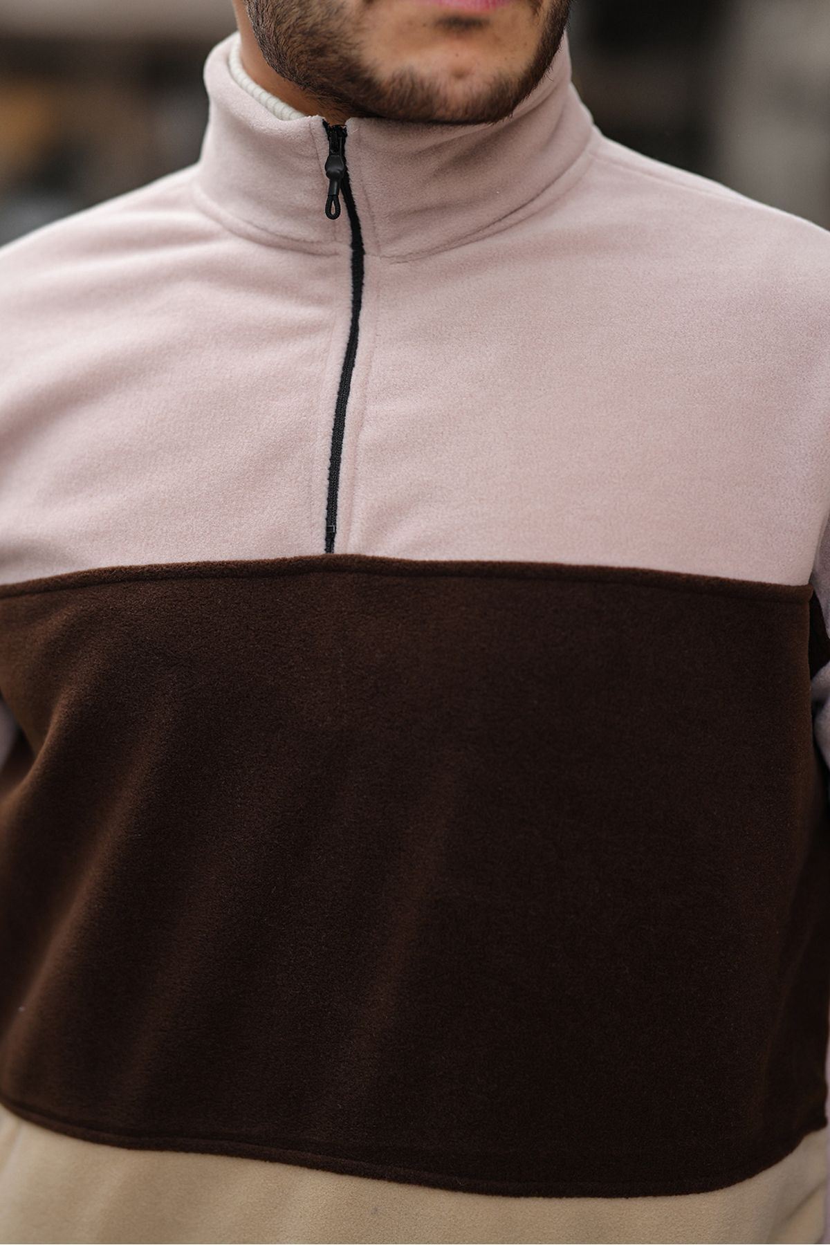 Yarım Fermuarlı Üç Renk Polar Sweatshirt