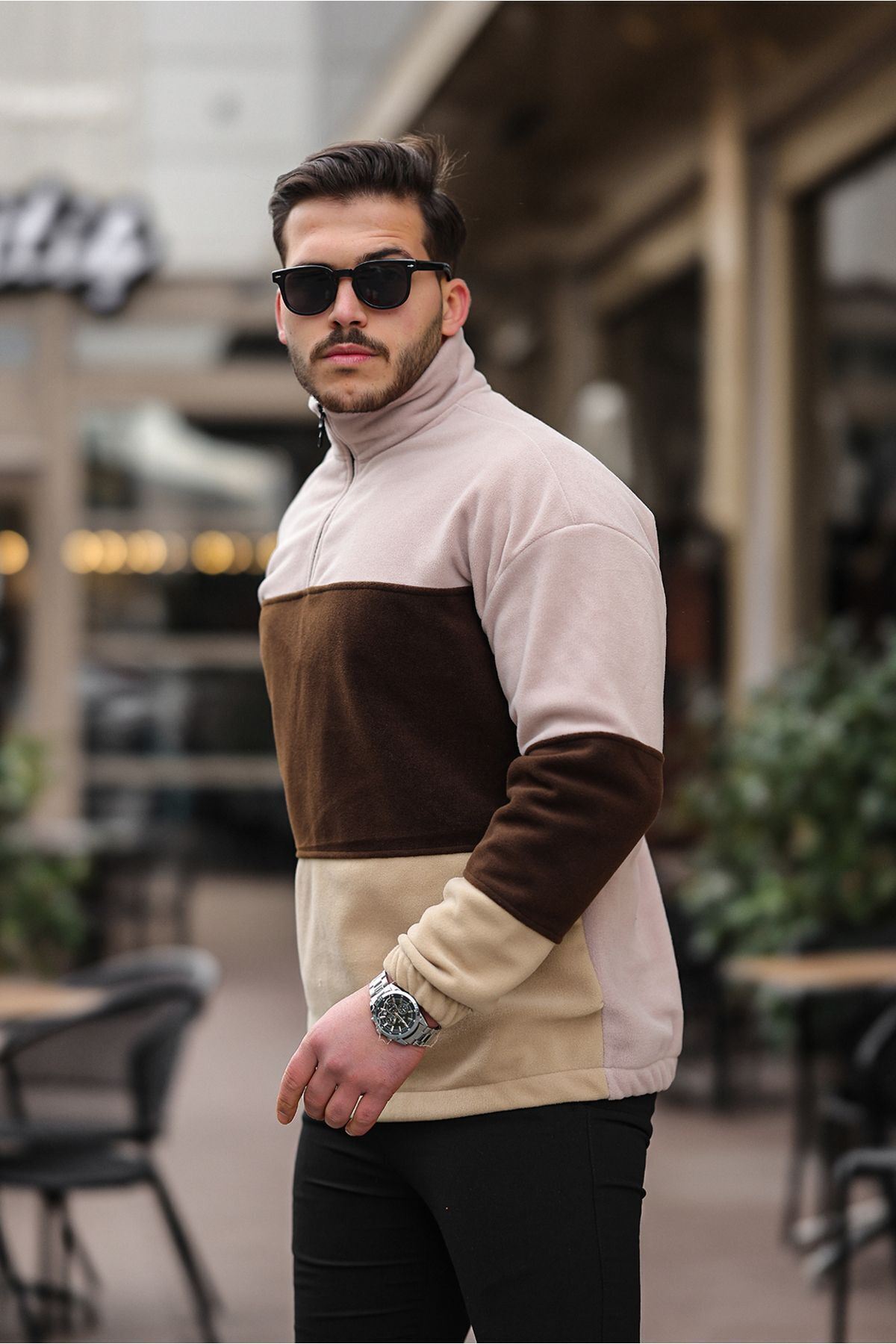 Yarım Fermuarlı Üç Renk Polar Sweatshirt