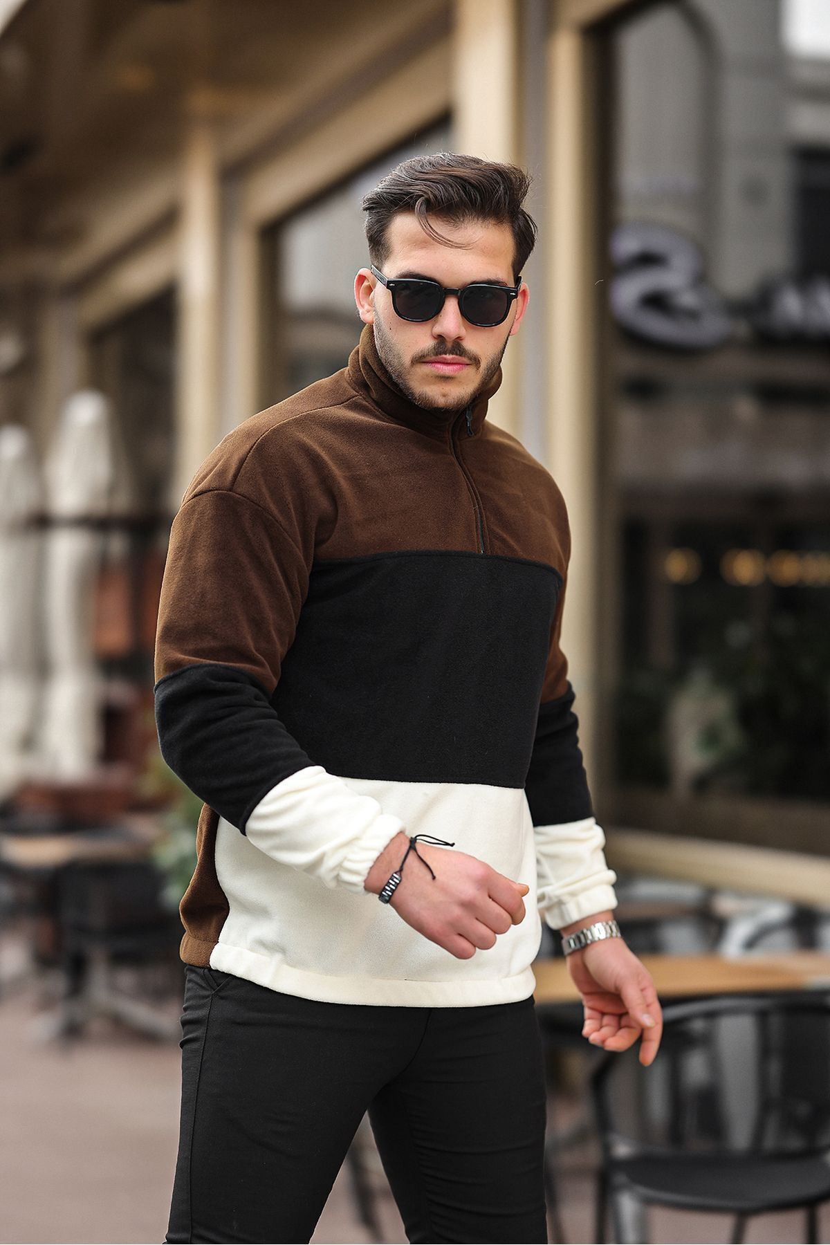 Yarım Fermuarlı Üç Renk Polar Sweatshirt
