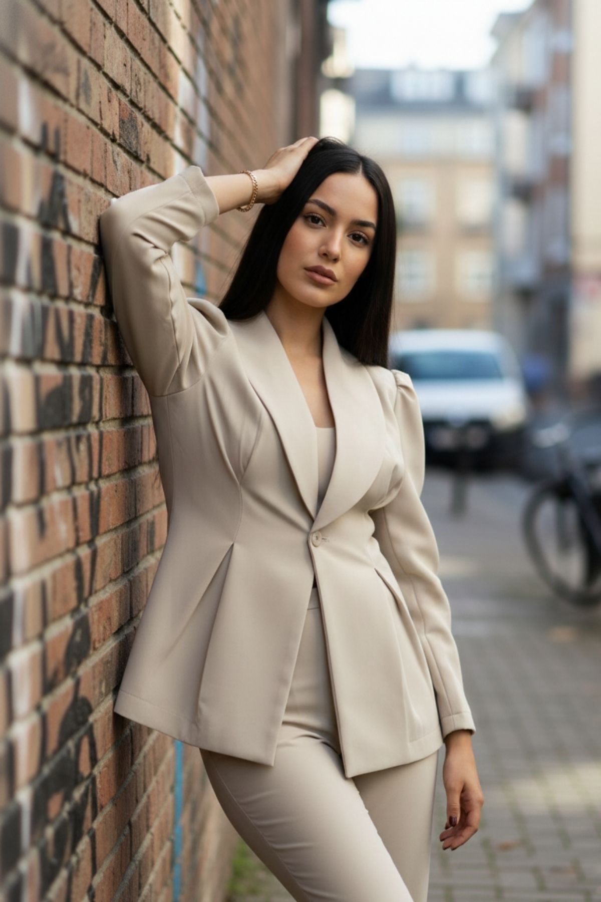 Kadın Paça Düğmeli Pantolon Ceket Krem Ikili Takım