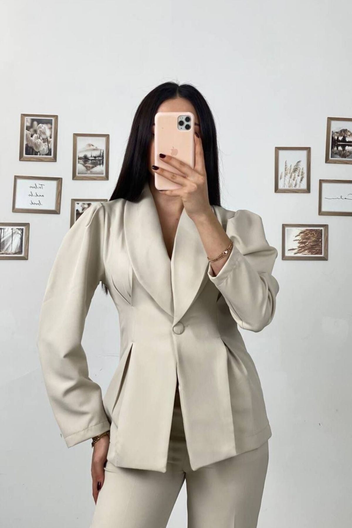 Kadın Paça Düğmeli Pantolon Ceket Krem Ikili Takım