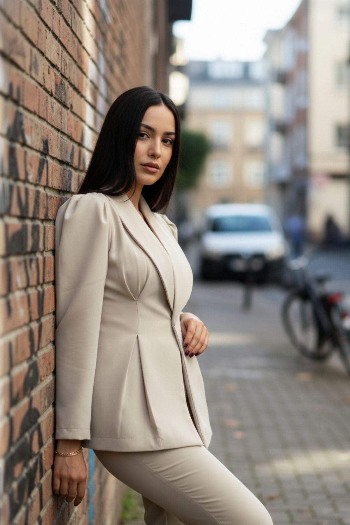 Kadın Paça Düğmeli Pantolon Ceket Krem Ikili Takım