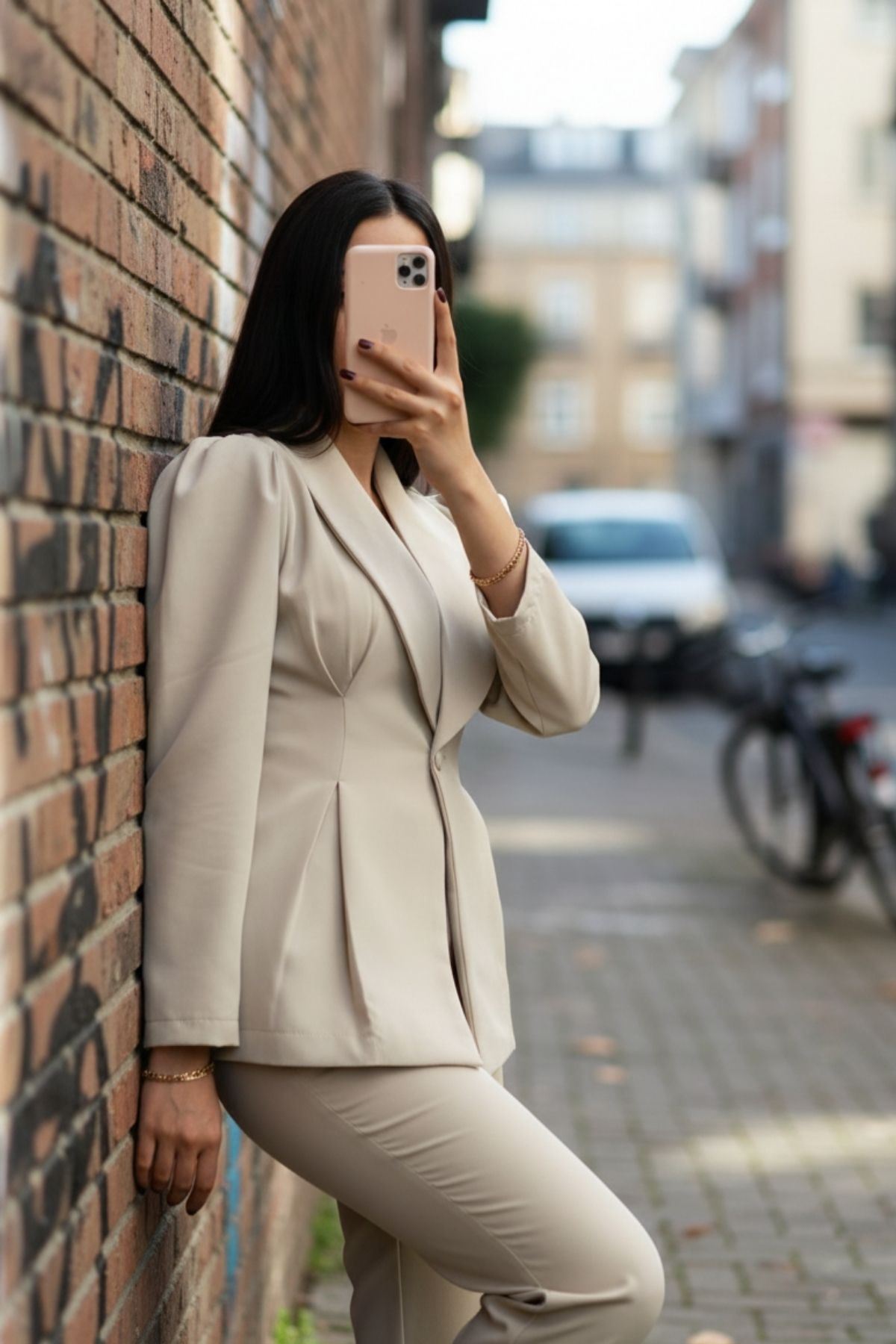 Kadın Paça Düğmeli Pantolon Ceket Krem Ikili Takım