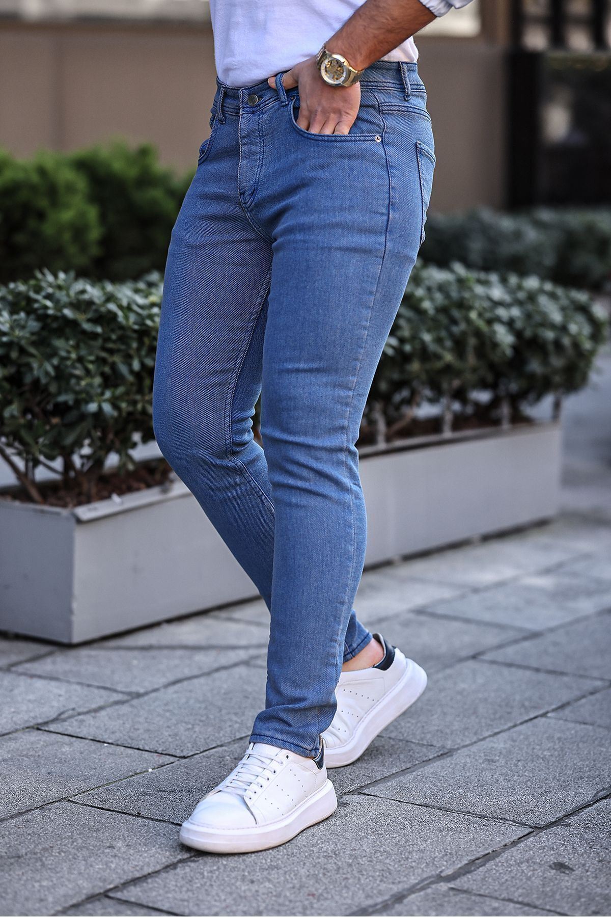 Erkek Slim Fit Yüksek Bel Dar Paça Lacivert Kot Pantolon