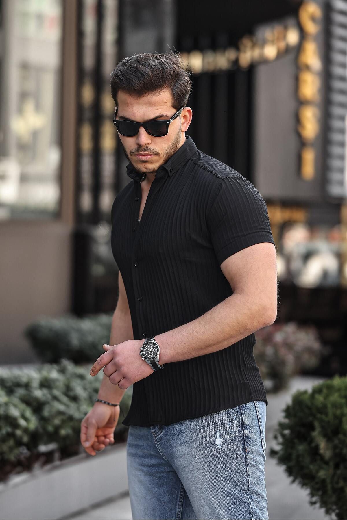 Erkek Kendinden Çizgi Desenli Gömlek