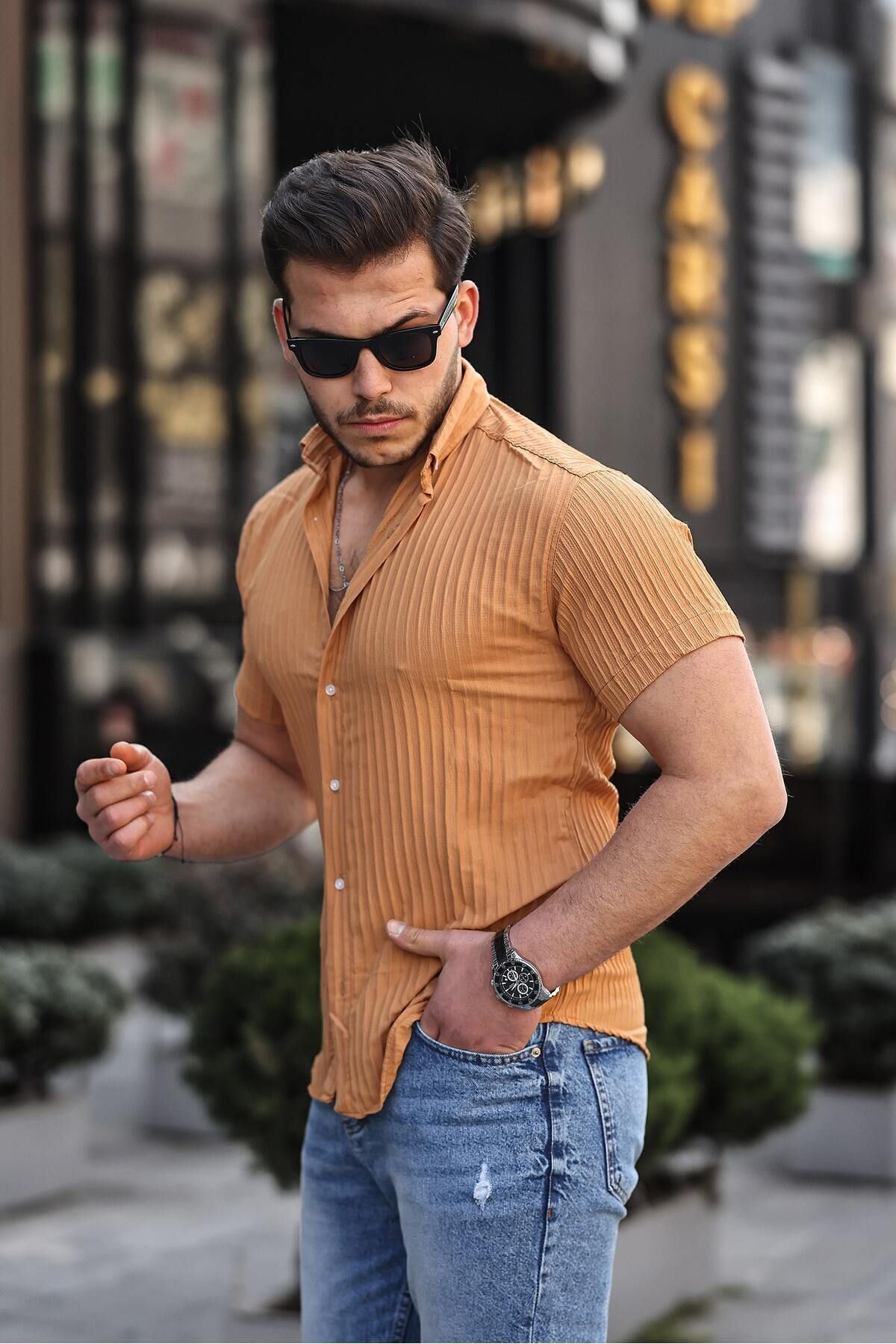 Erkek Kendinden Çizgi Desenli Gömlek