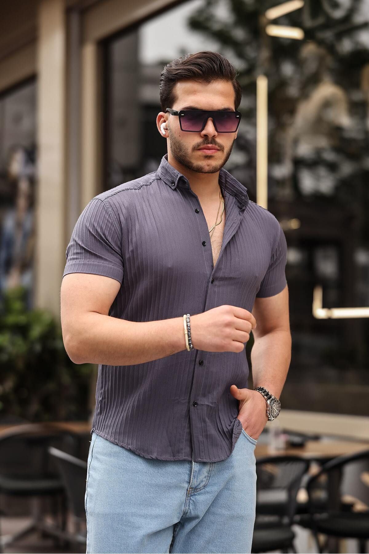 Erkek Kendinden Çizgi Desenli Gömlek