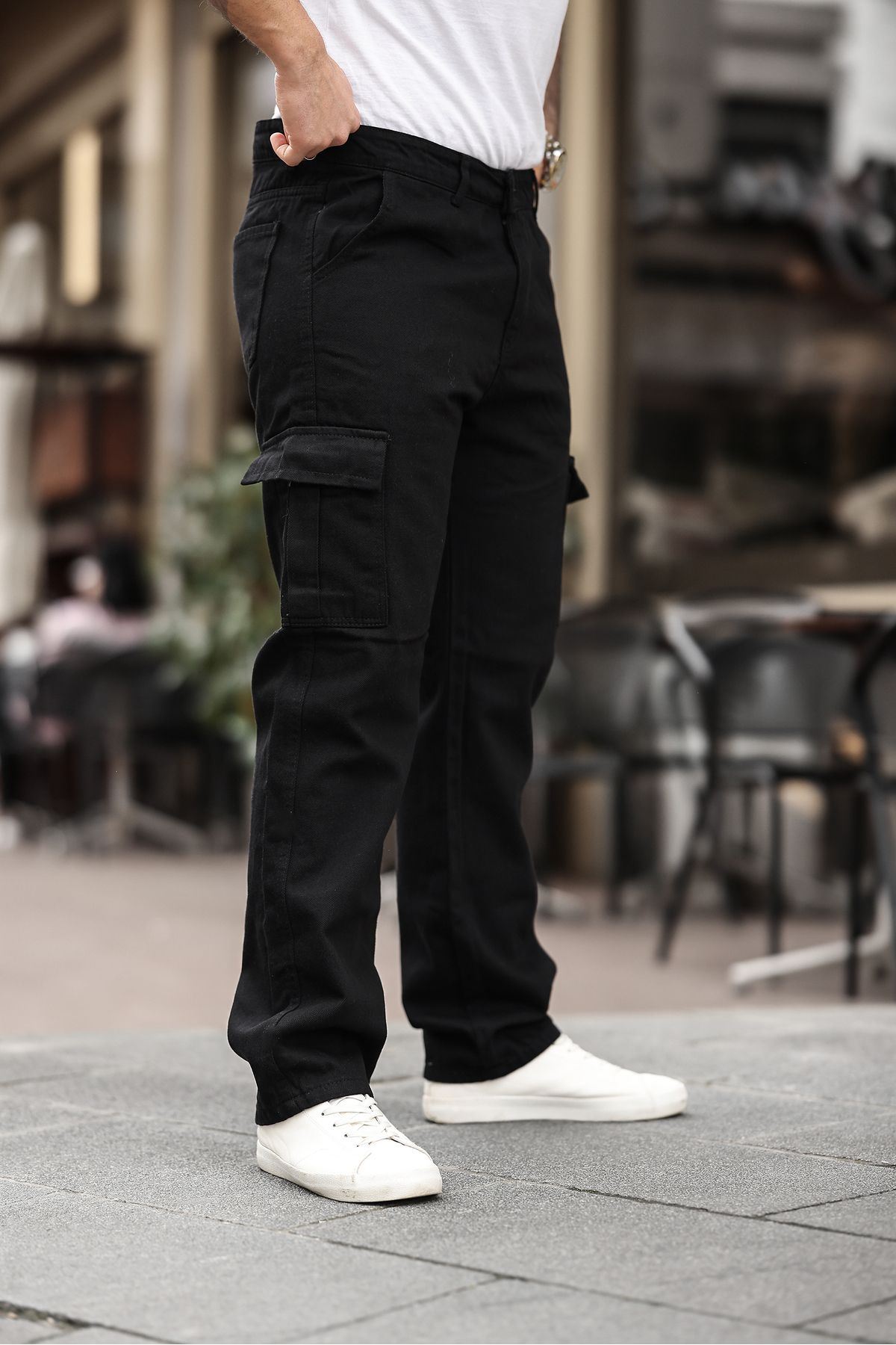 Erkek Bol Paça Kargo Cepli Siyah Baggy Pantolon