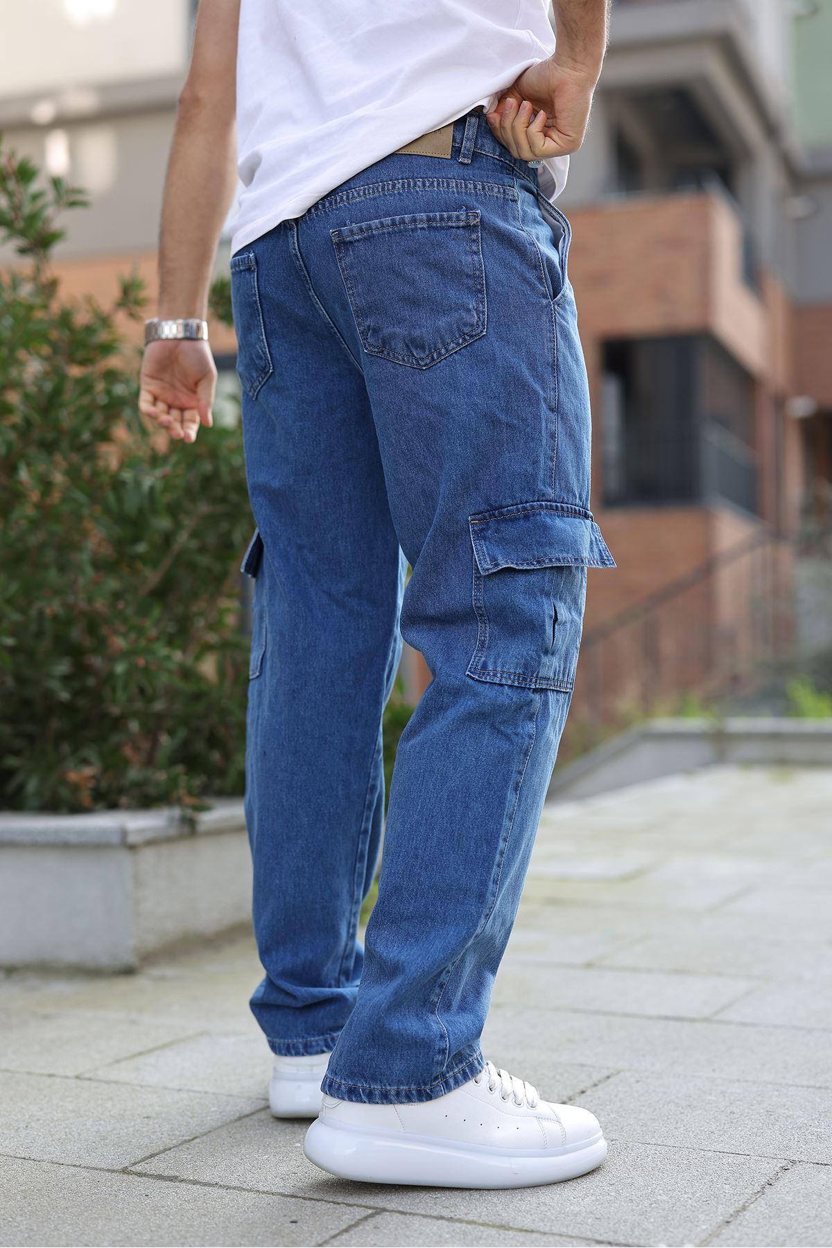 Erkek Bol Paça Kargo Cep Basic Mavi Baggy Pantolon